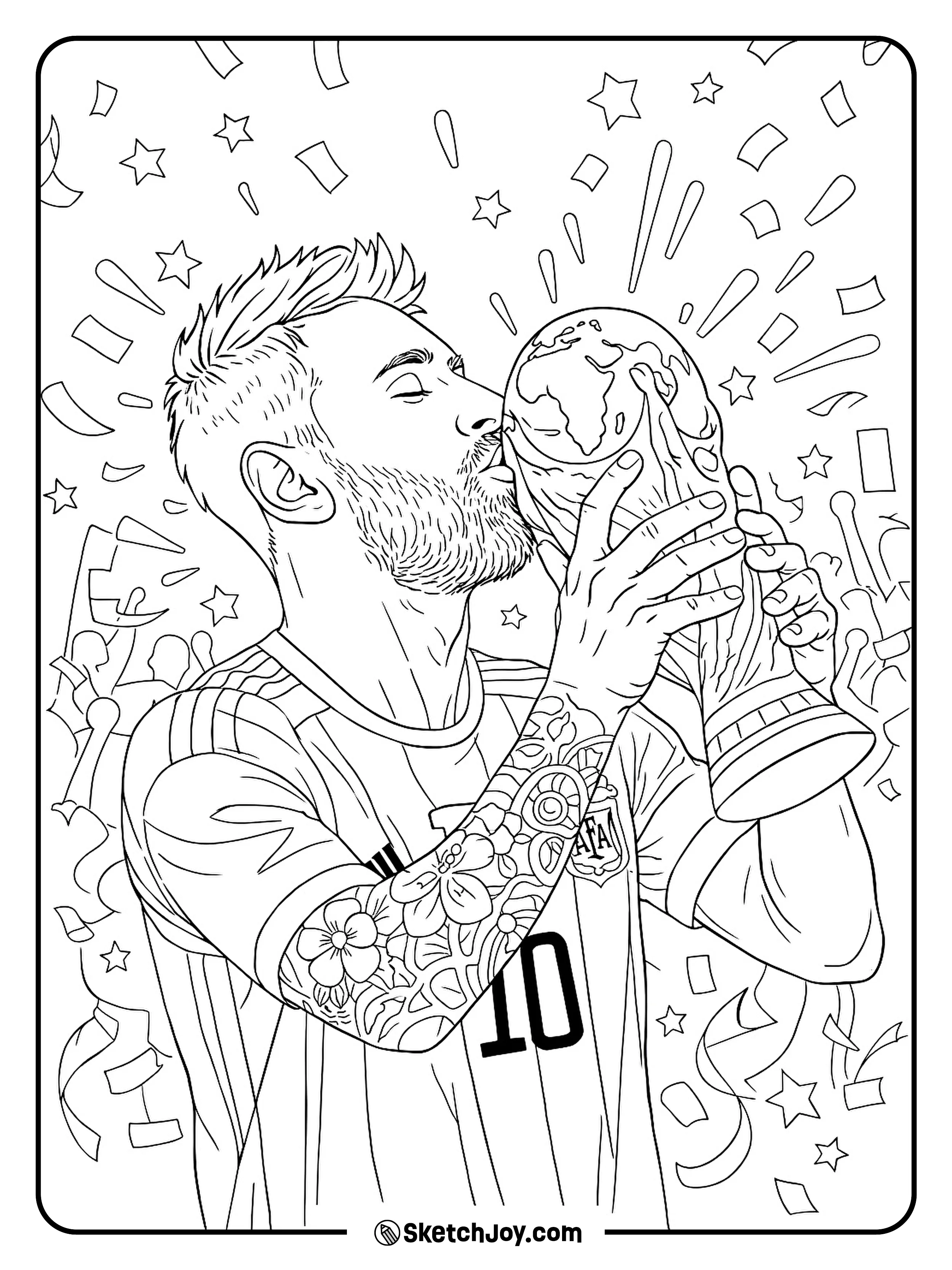 Messi kisses the trophy as confetti and stars fall around him.