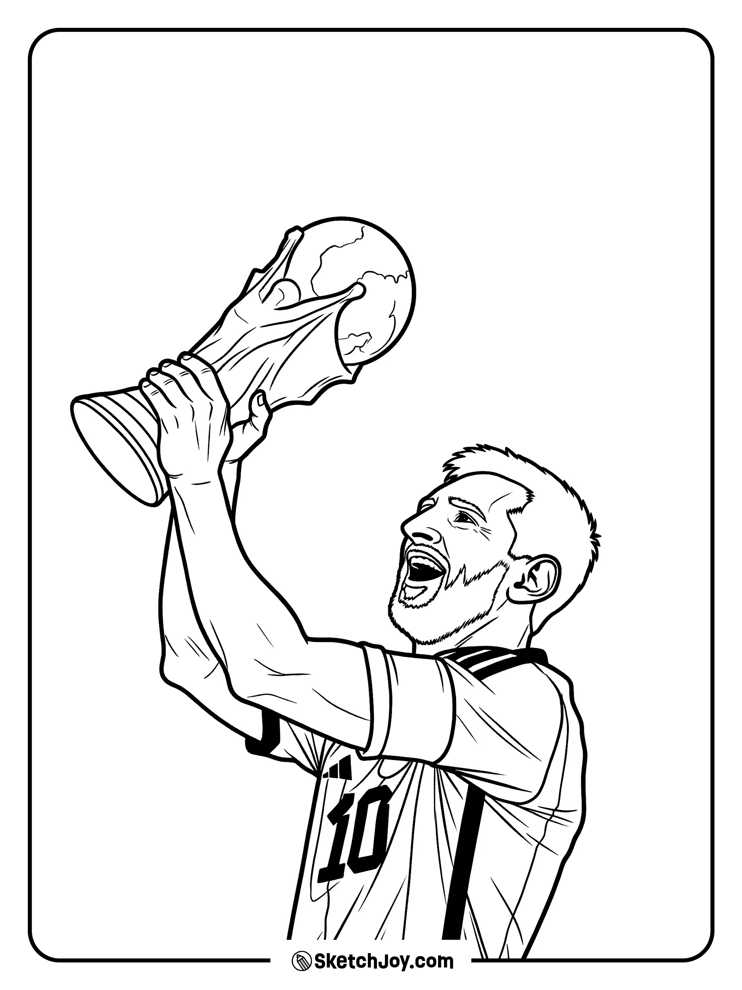 Messi raises the cup with wide open mouth and cheering pose.