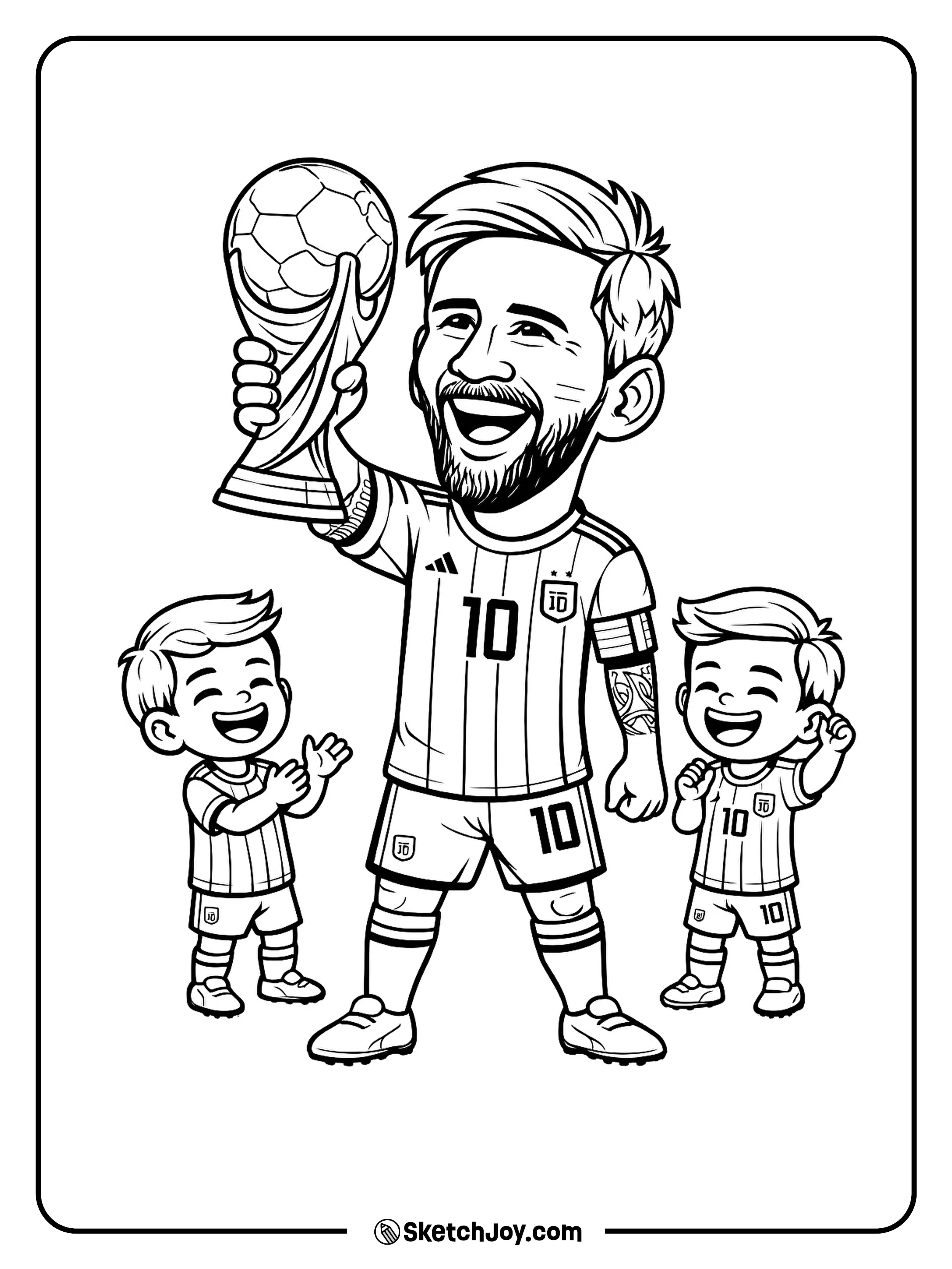 Messi holds the trophy high while two kids cheer.