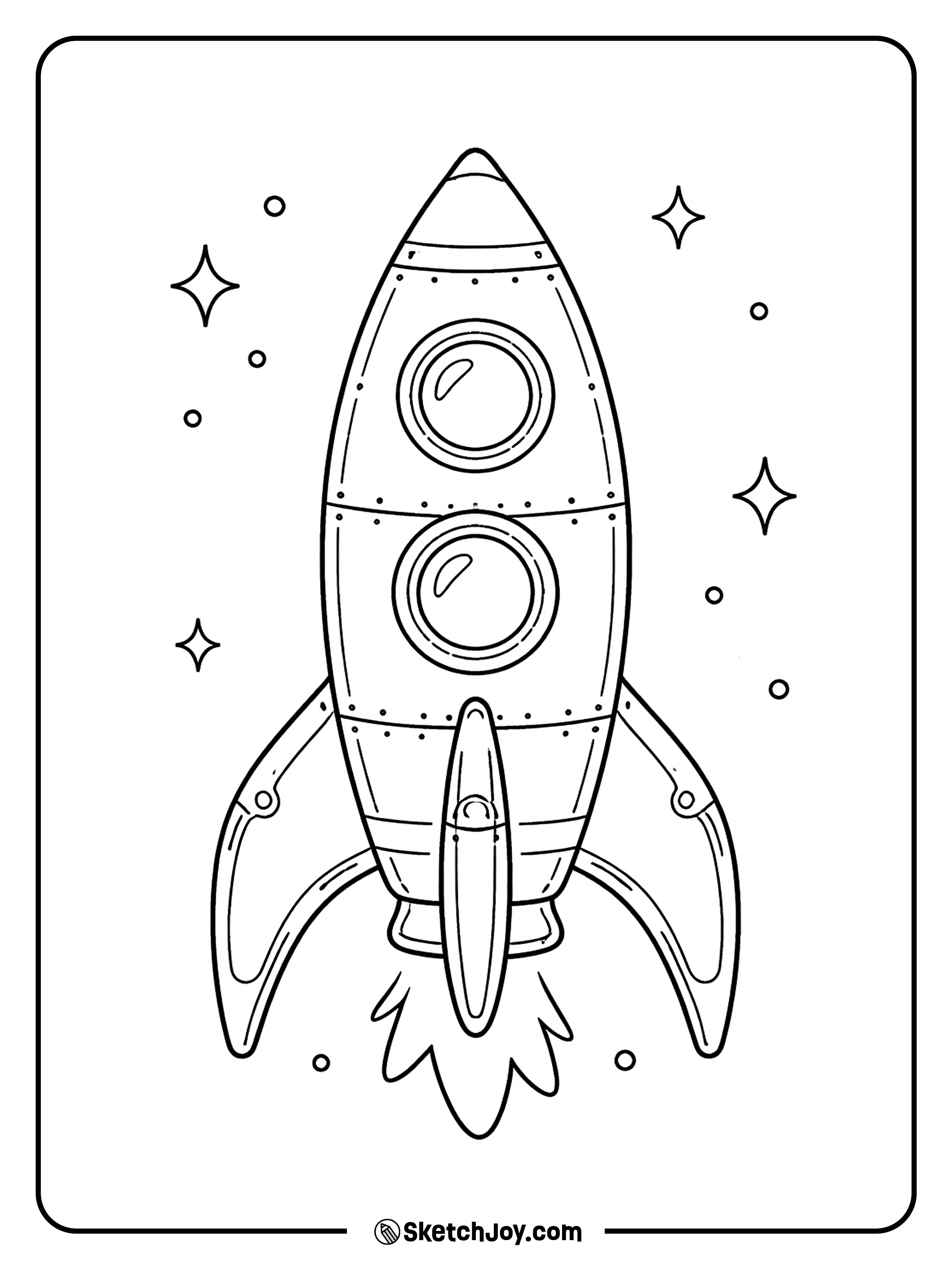 A space ship has two windows stacked and bold fins.
