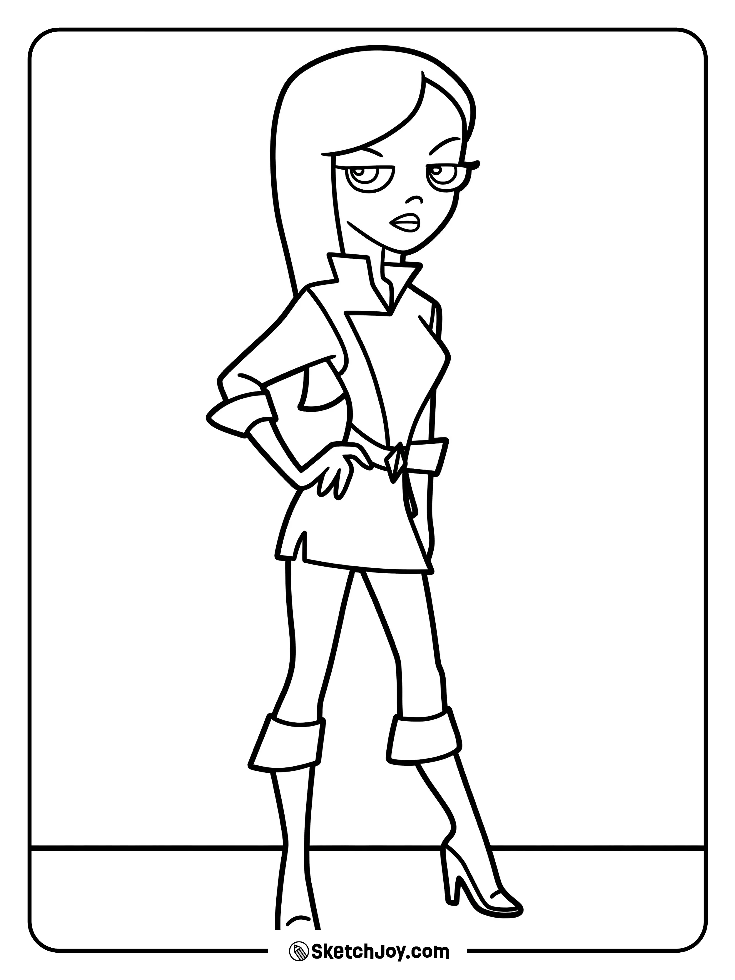 Vanessa stands with a calm face and her arms relaxed at her sides.