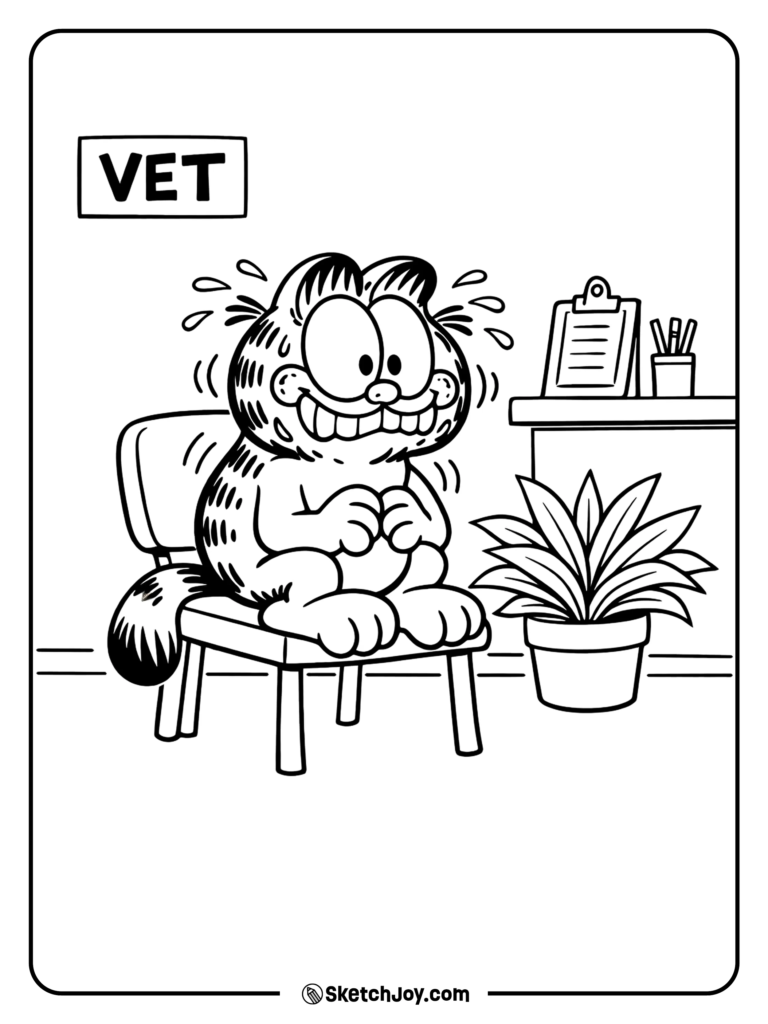 He sits in the waiting room looking worried and grumpy.