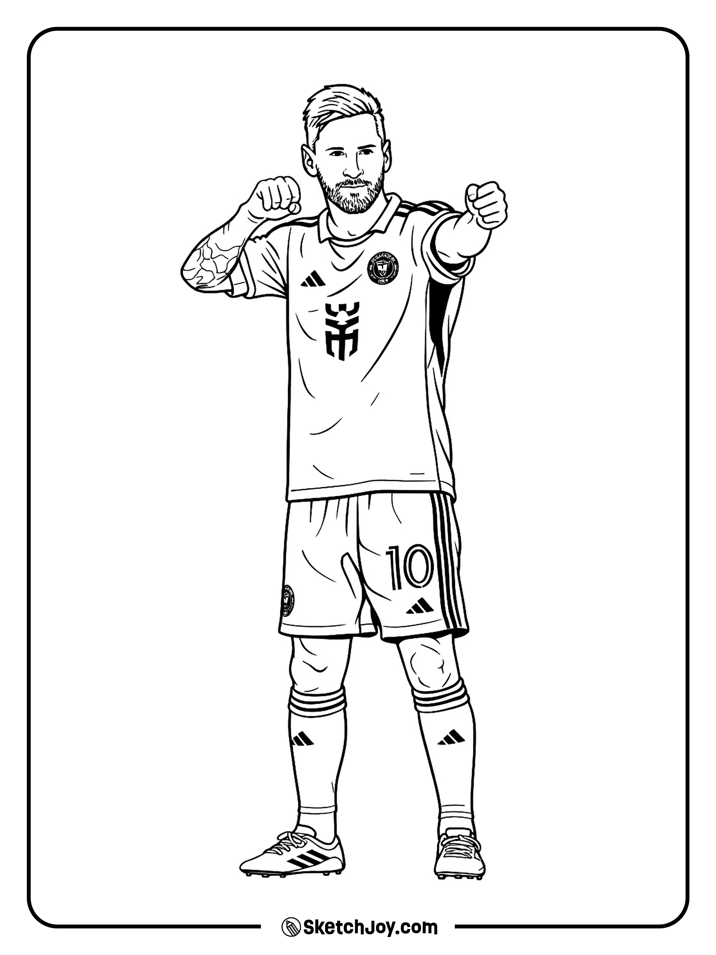 Messi stands tall, flexing and pointing to the crowd.