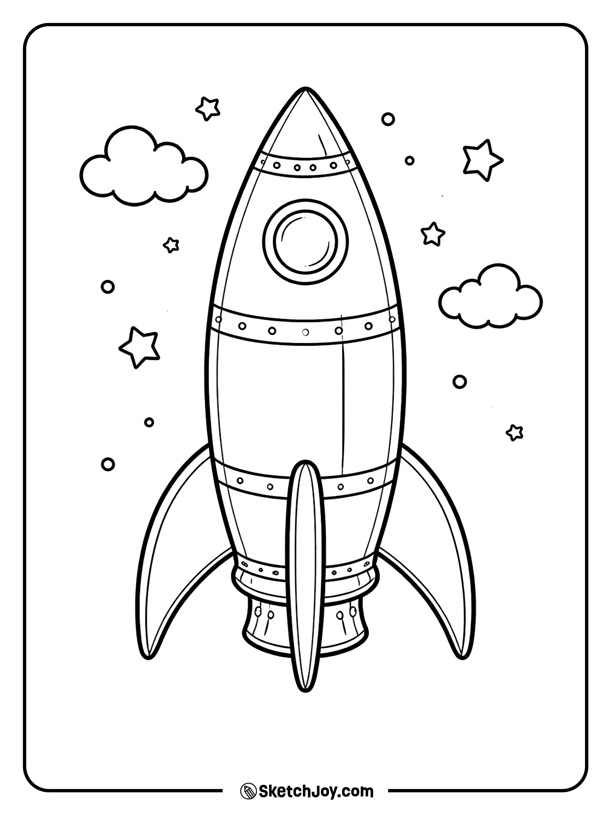 A space ship stands with wide fins and bold lines.