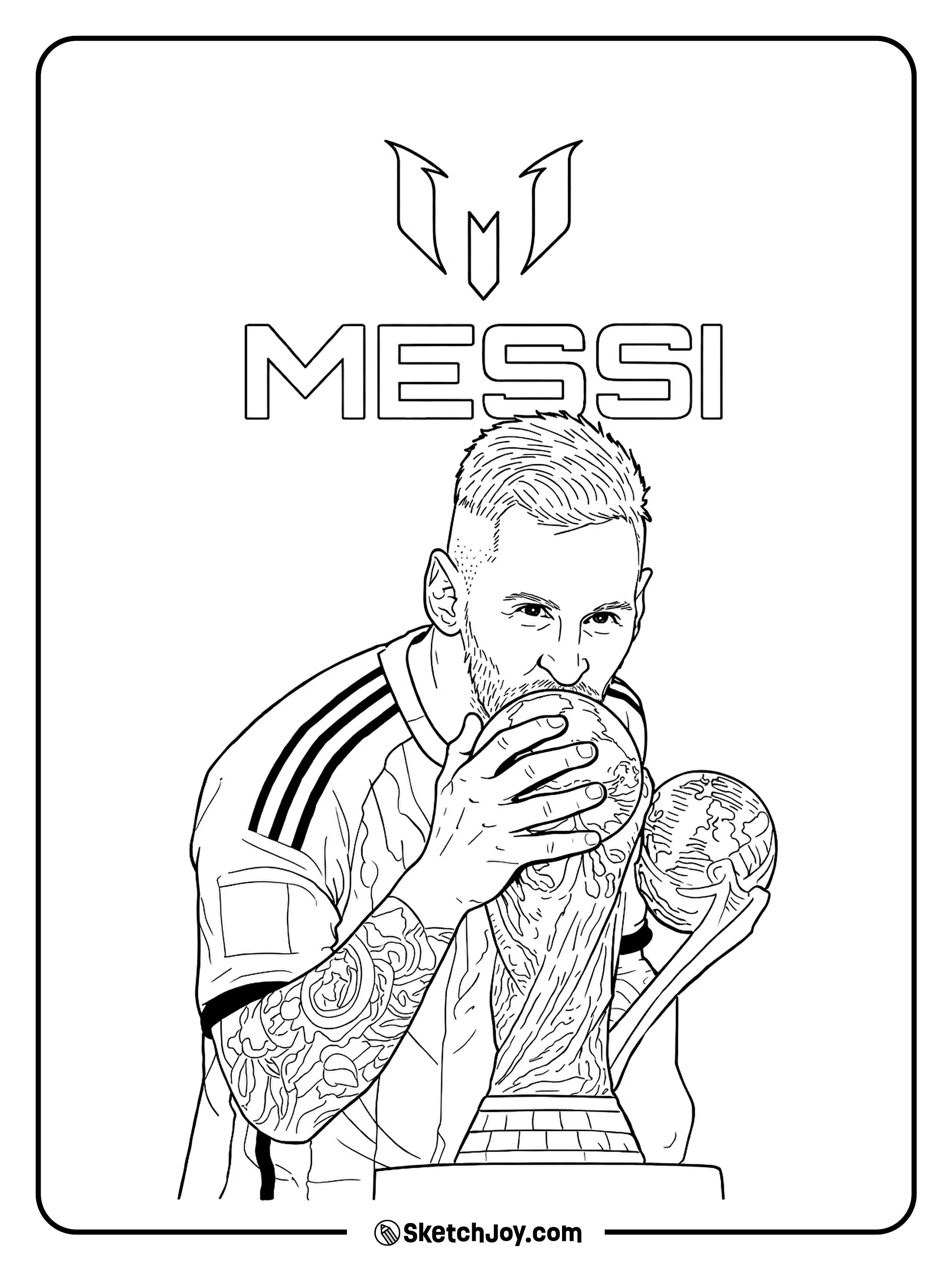 Messi kisses the trophy under bold name letters.