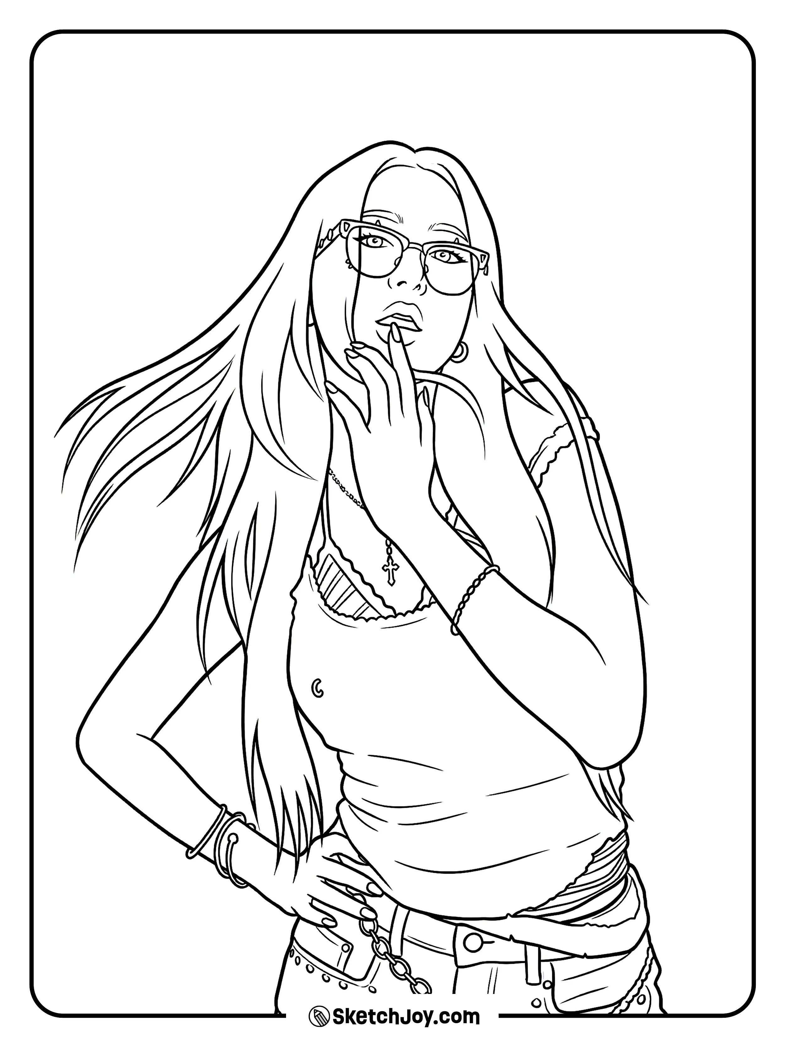 Yunjin poses with glasses, long hair, and layered accessories.