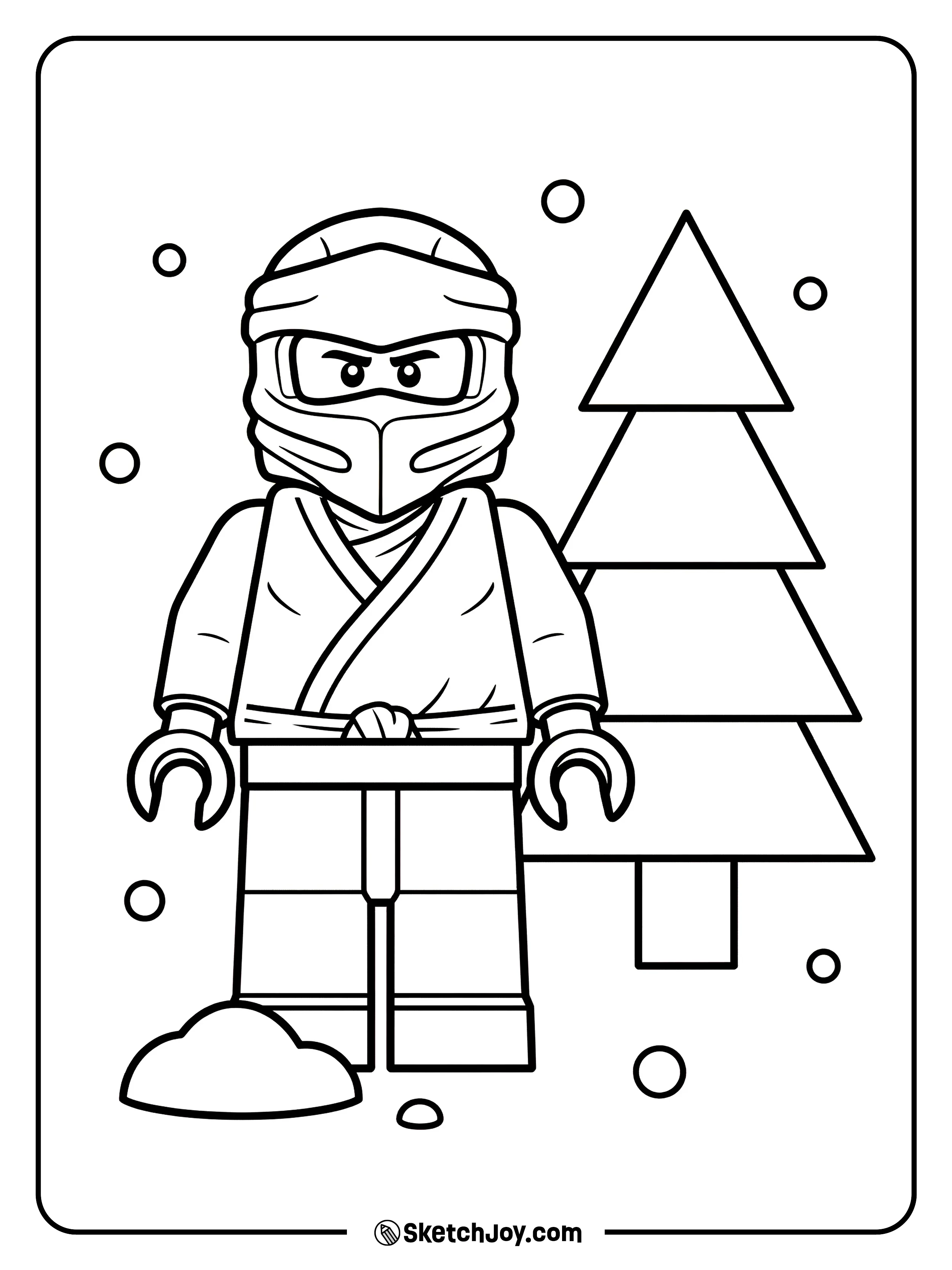 Zane stands near a pine tree with falling snow dots.