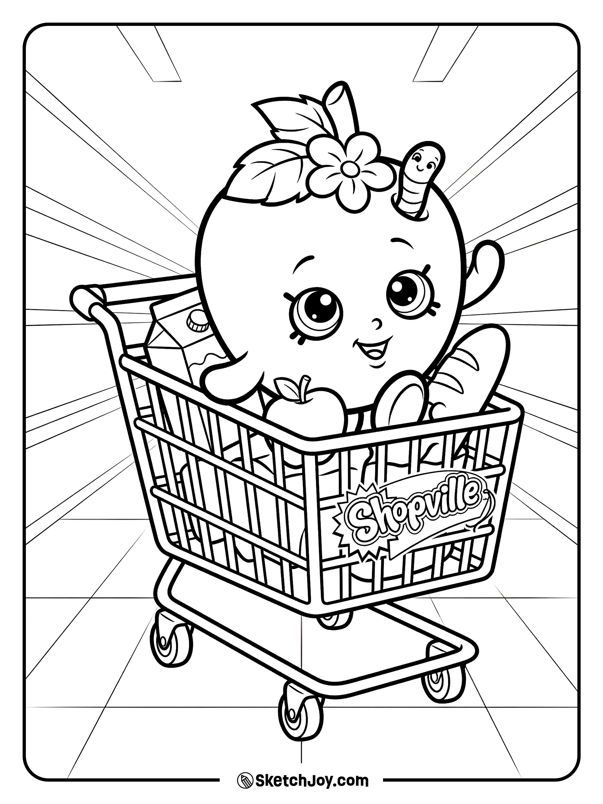 Apple Blossom rides on a small cart with a bright and happy look.