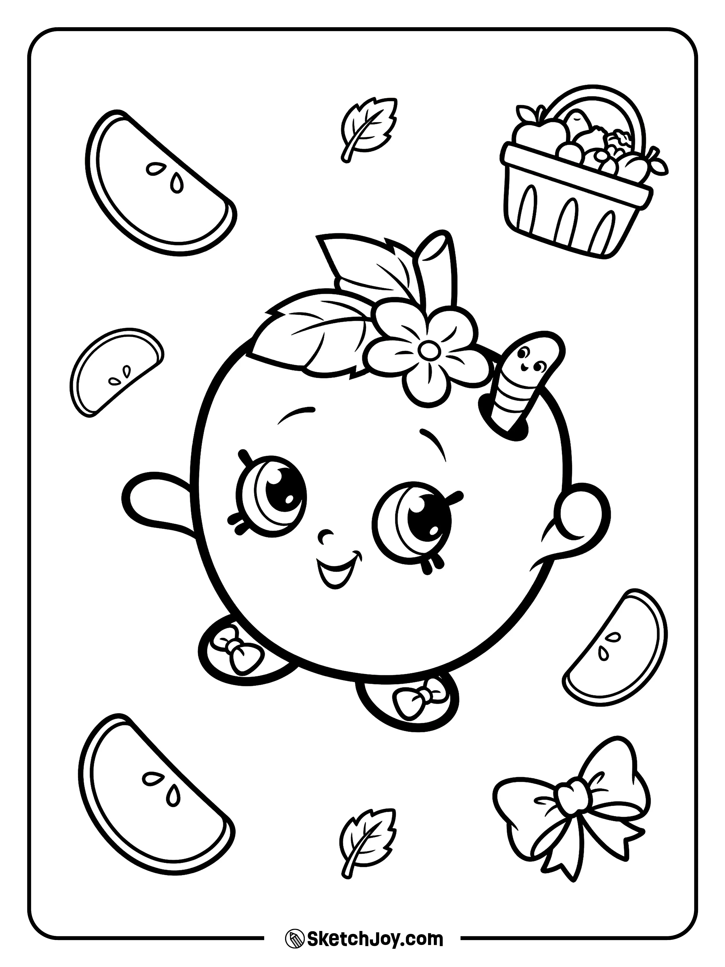 Apple Blossom stands in the middle with cute apples and leaves floating around her.