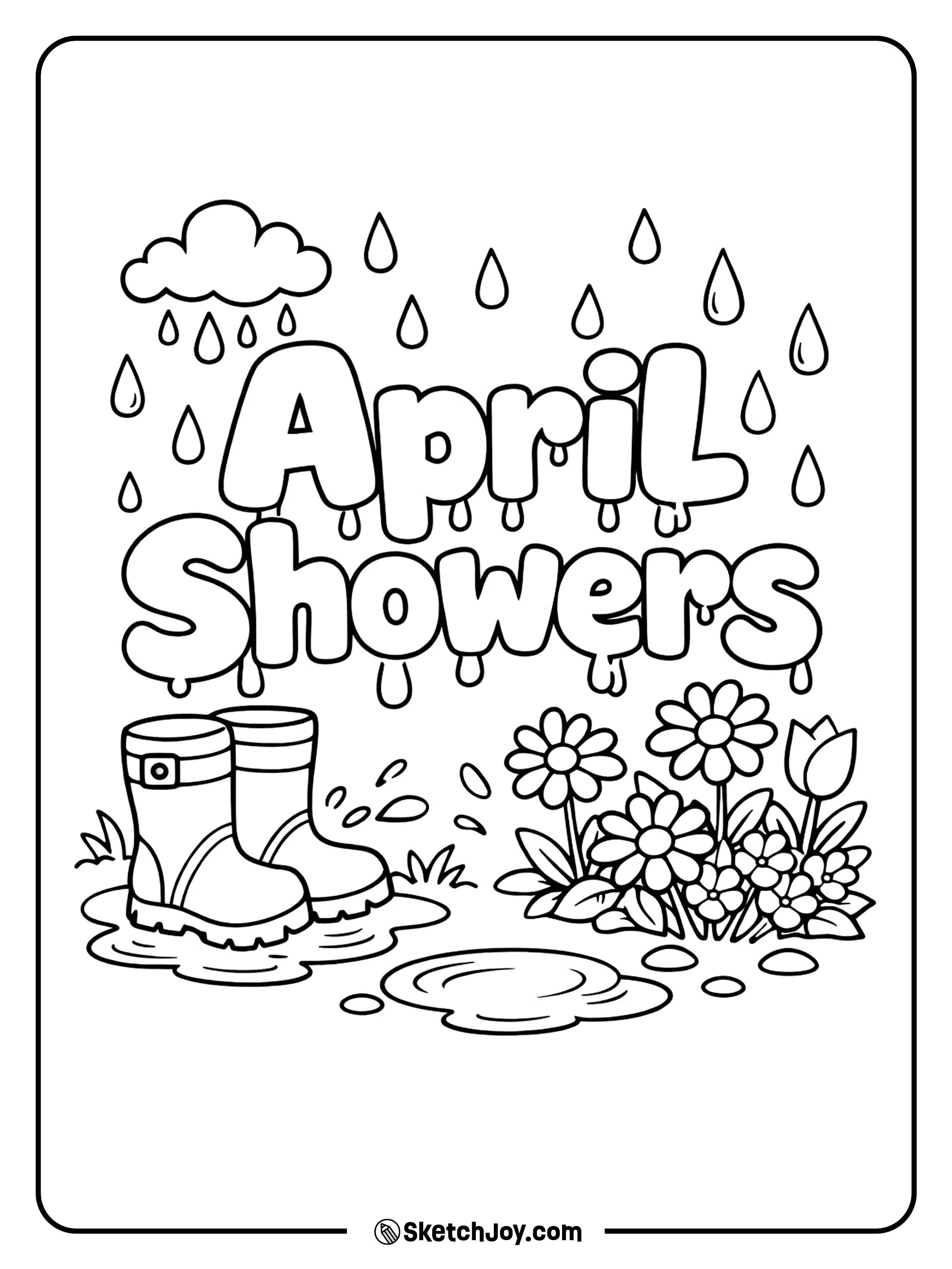 Spring rain falls over boots, puddles, and flowers.