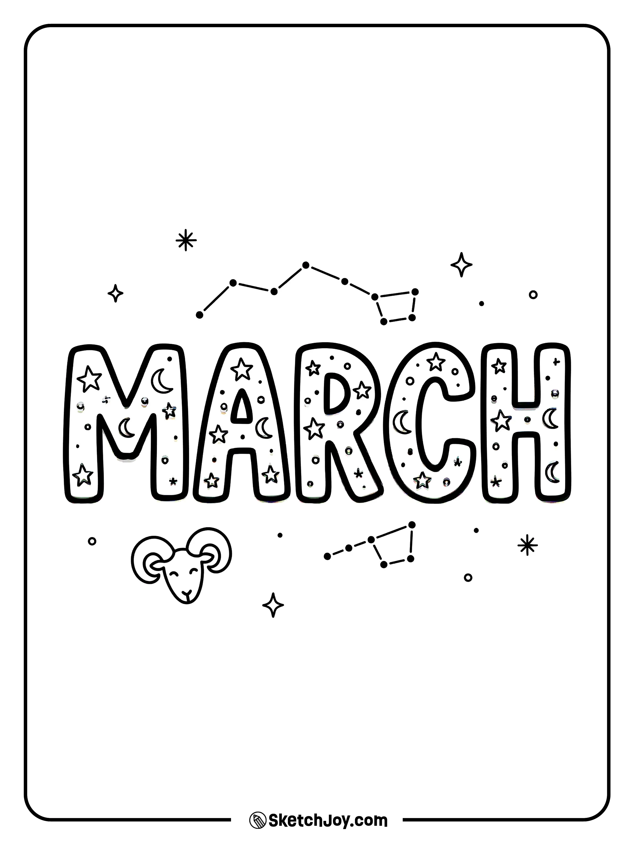 MARCH has a starry look with an Aries ram symbol and a few constellations.