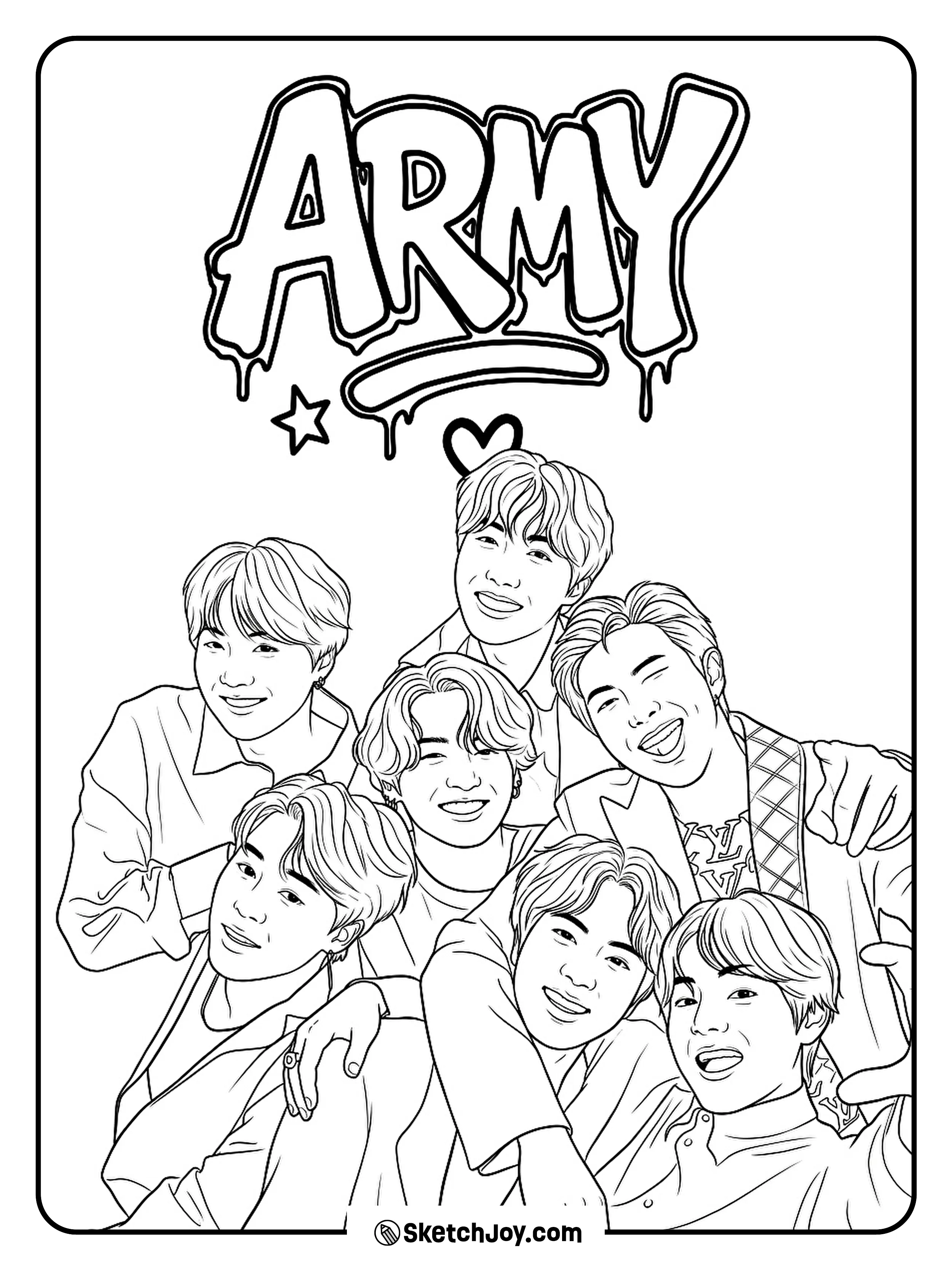 A happy BTS group selfie with big smiles and fun ARMY style.