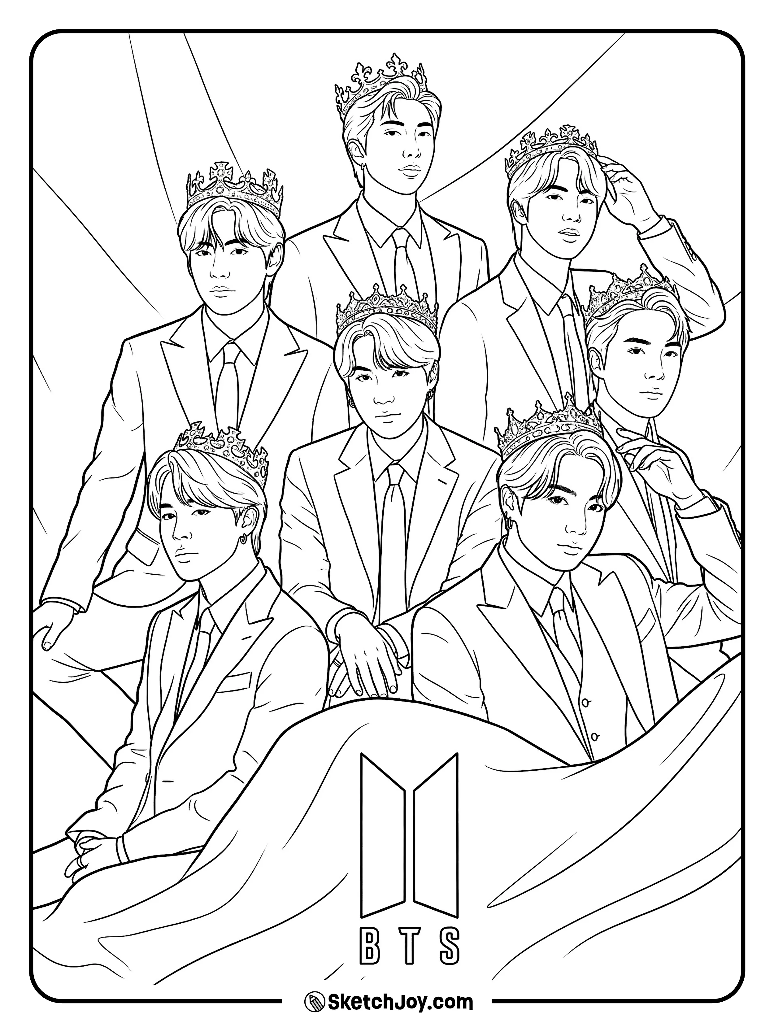 A royal BTS group design with crowns, sharp suits, and a strong stage feel.