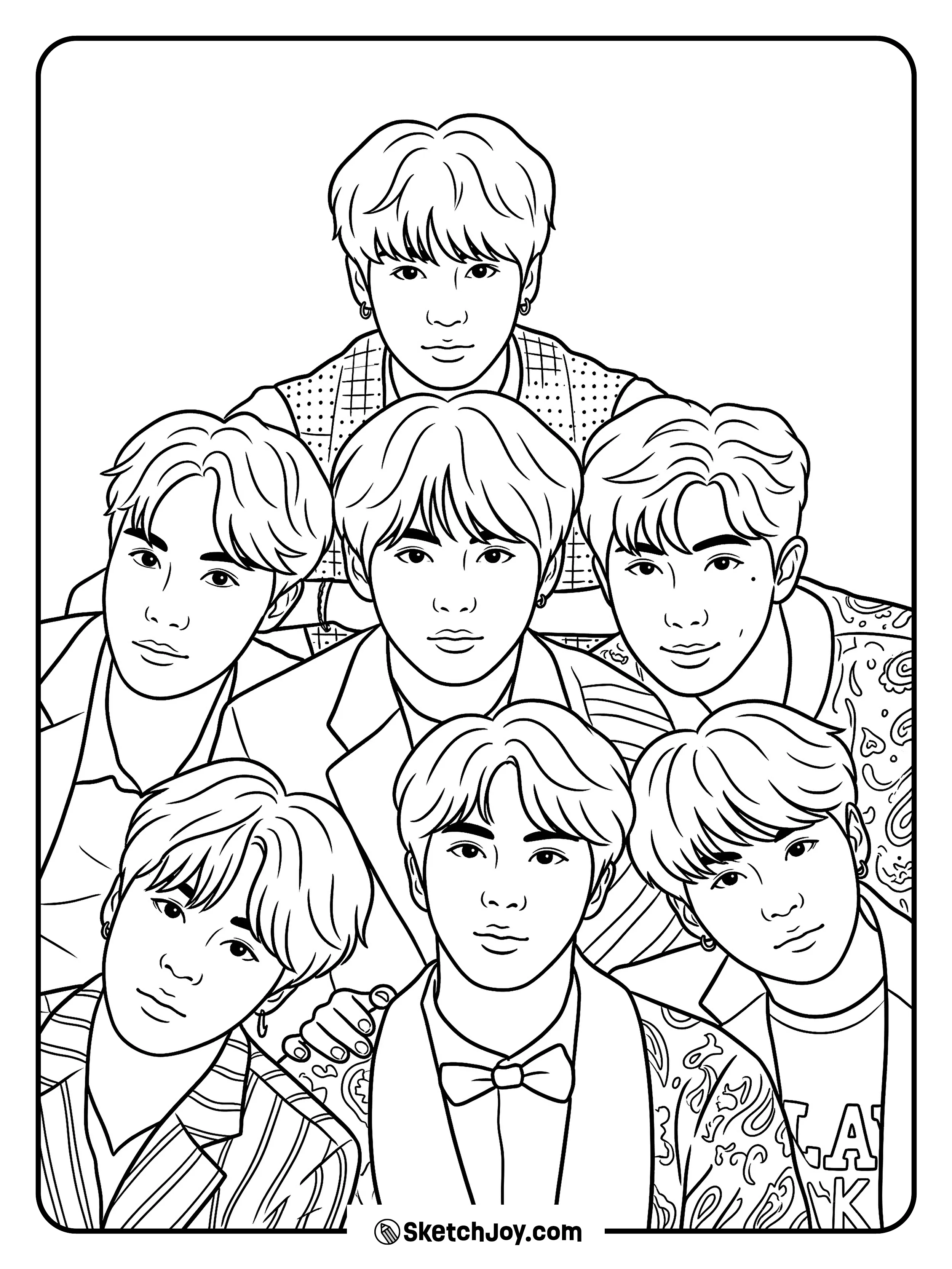 A stylish BTS group portrait with soft looks and a calm K-pop vibe.