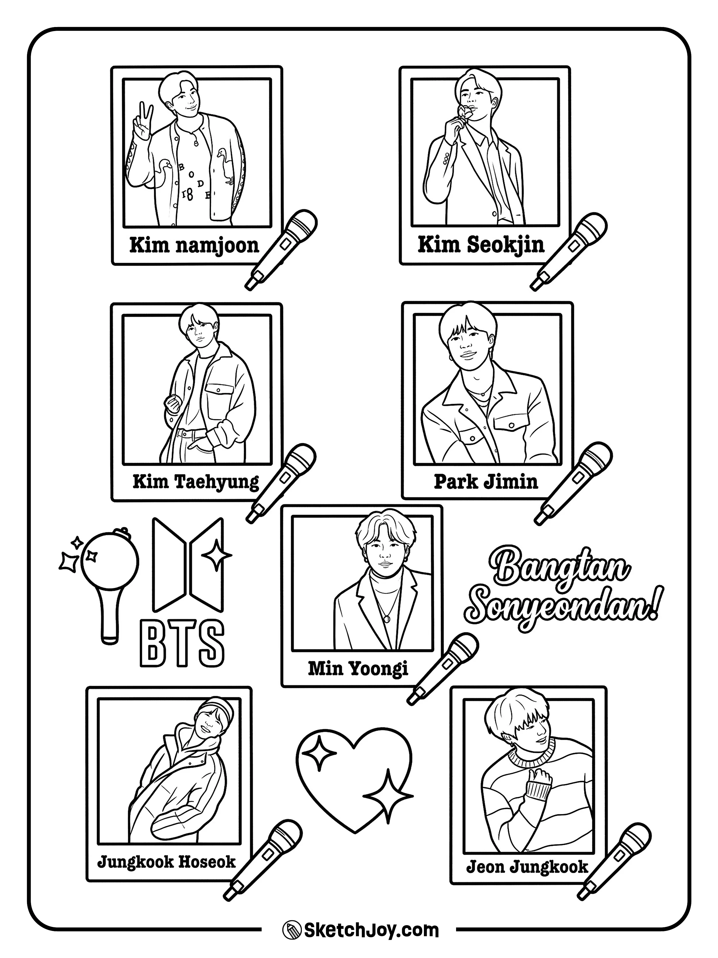 A fun BTS collage with member frames, mics, and sweet fan art details.