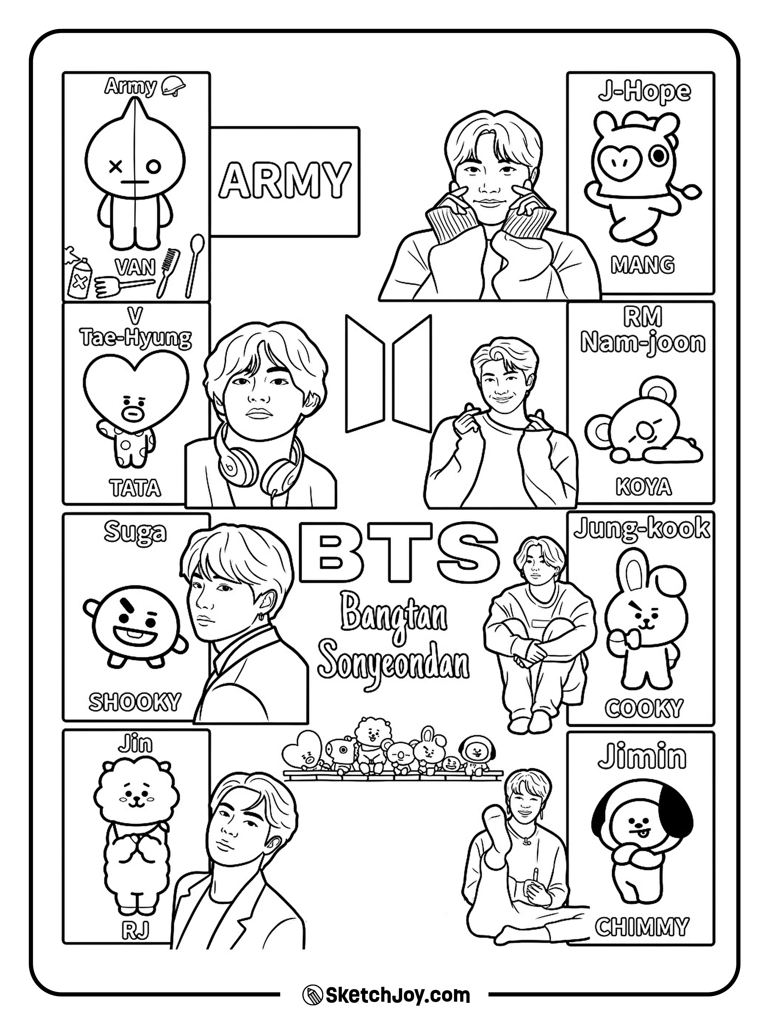 A fun BTS collage with BT21 friends, member art, and happy fan energy.