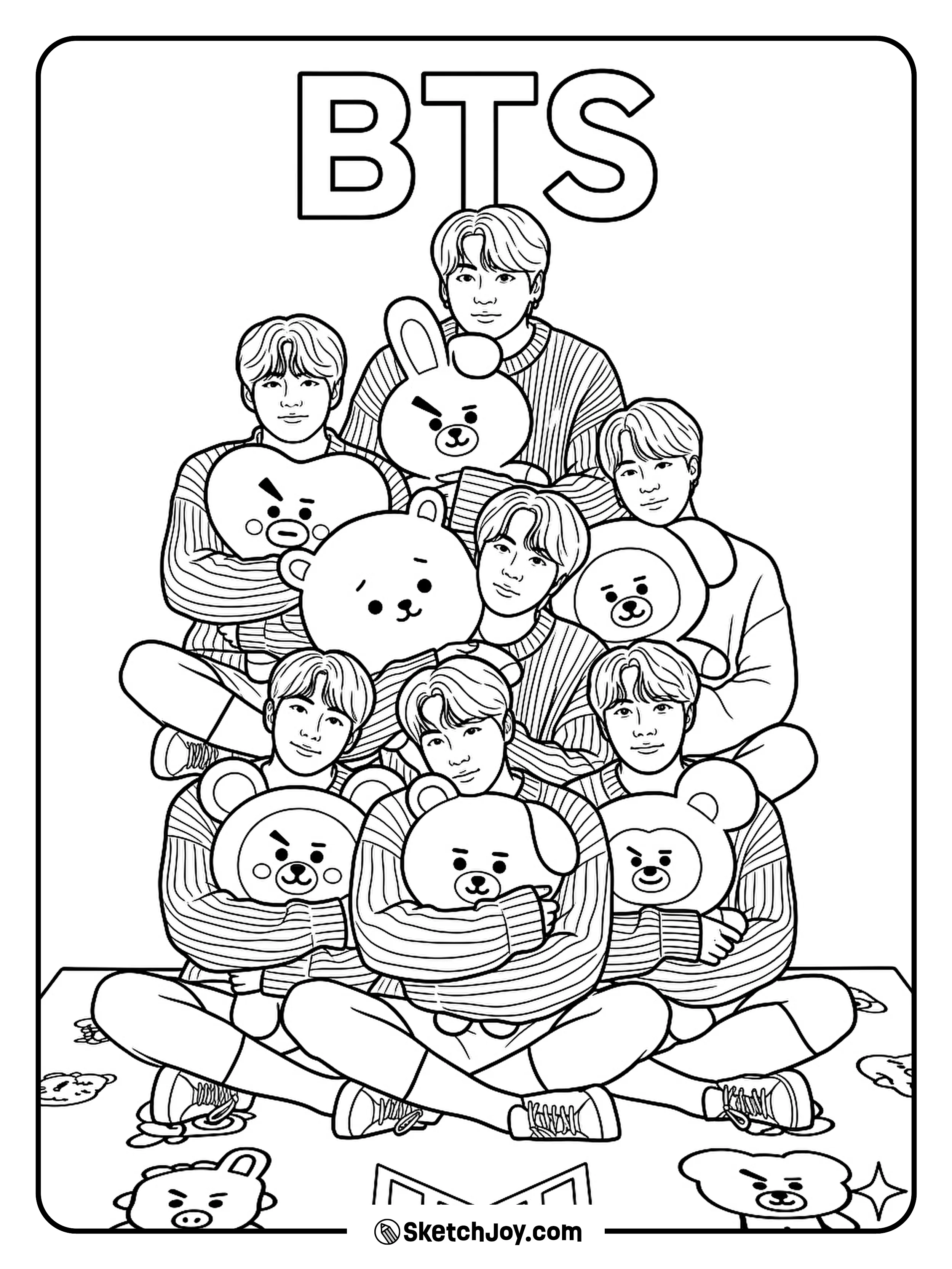 A cute BTS group design with cozy looks and soft BT21 plush friends.