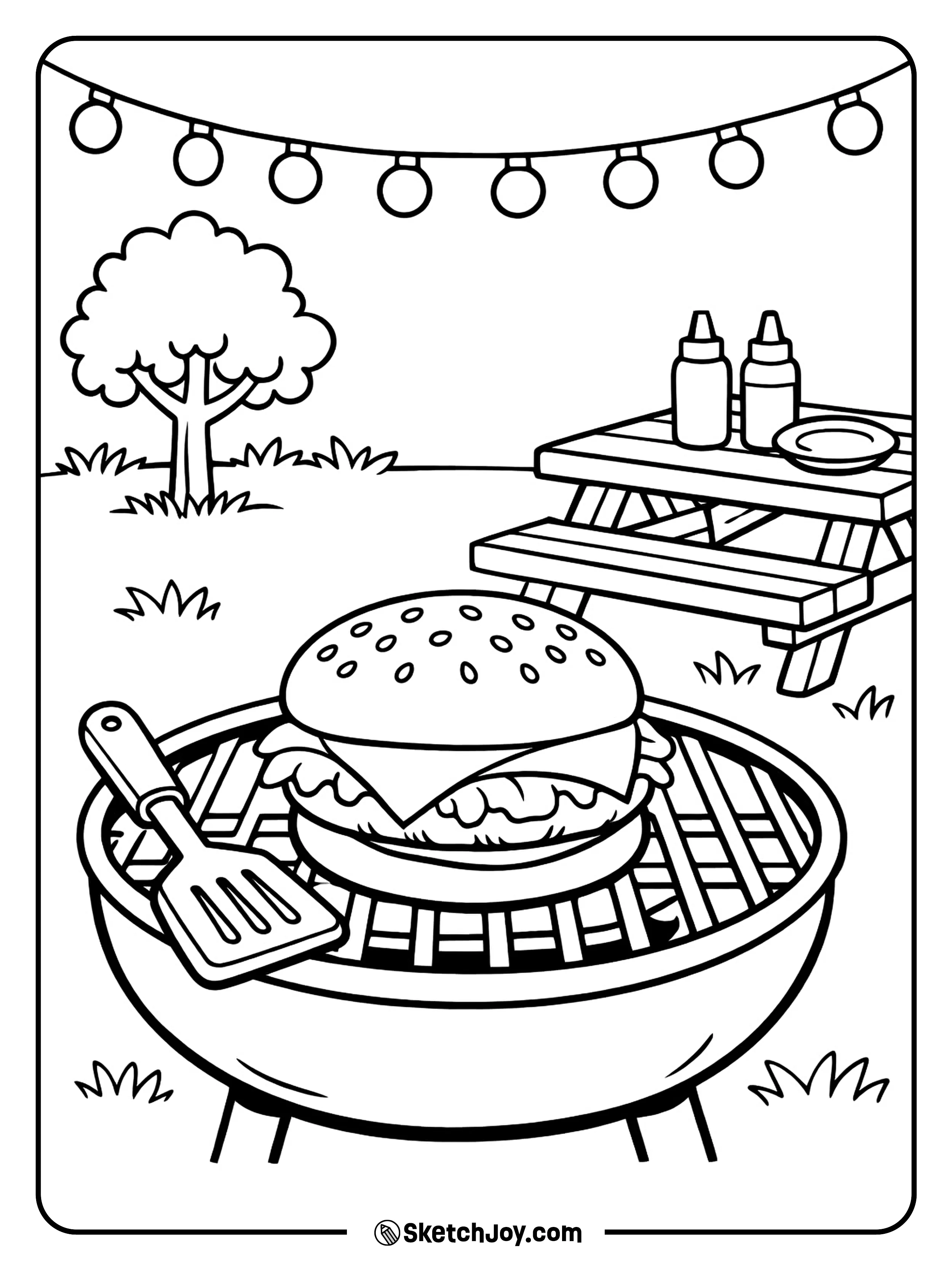 A burger fresh from the grill sits in a simple backyard cookout scene.