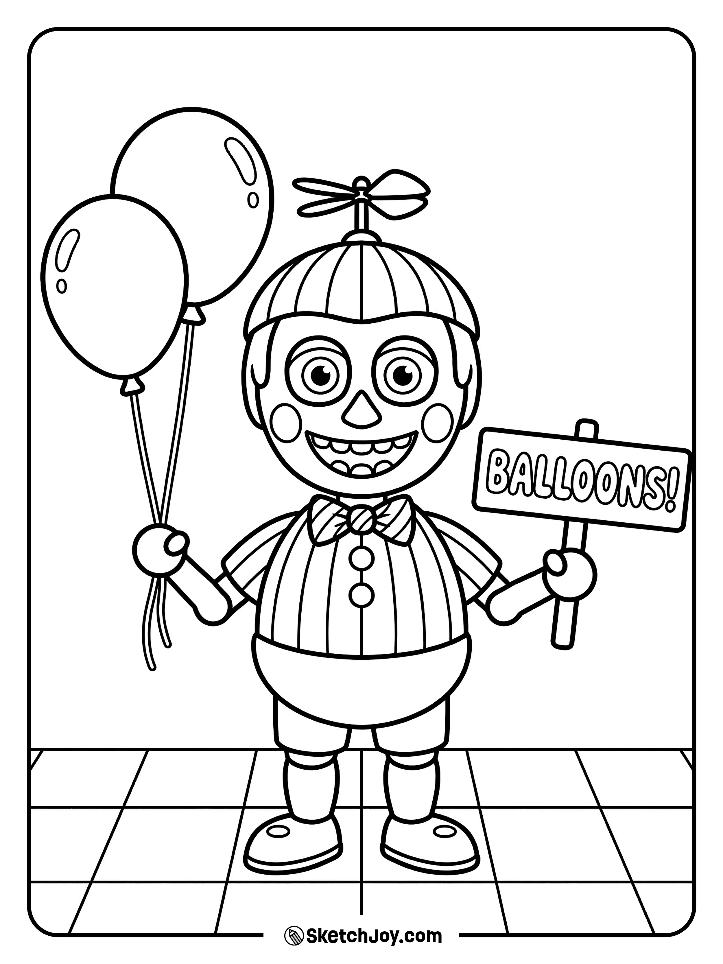 Balloon Boy smiles with a sign and party balloons.