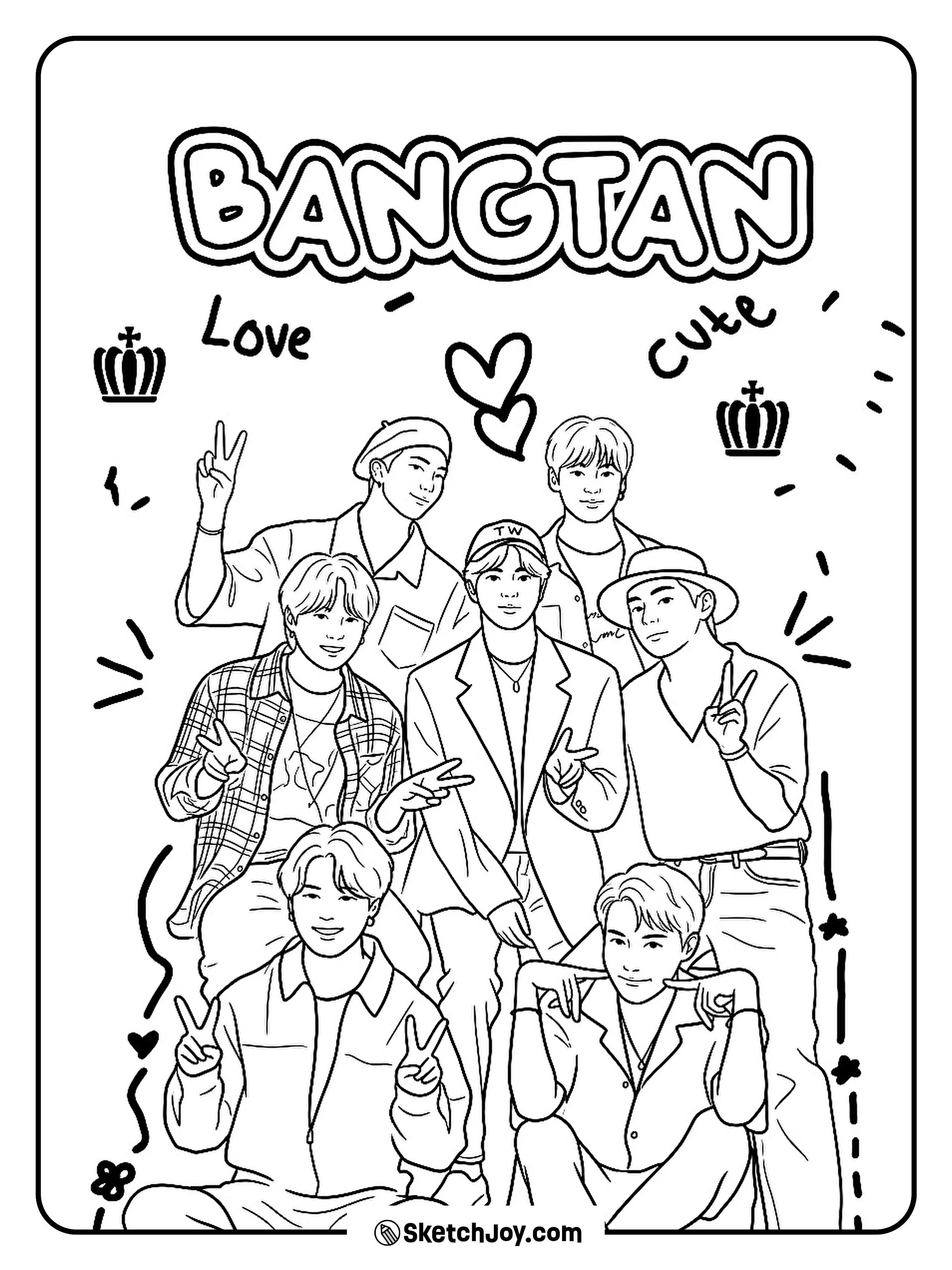 A cute Bangtan group design with peace signs, hearts, and fun fan style.