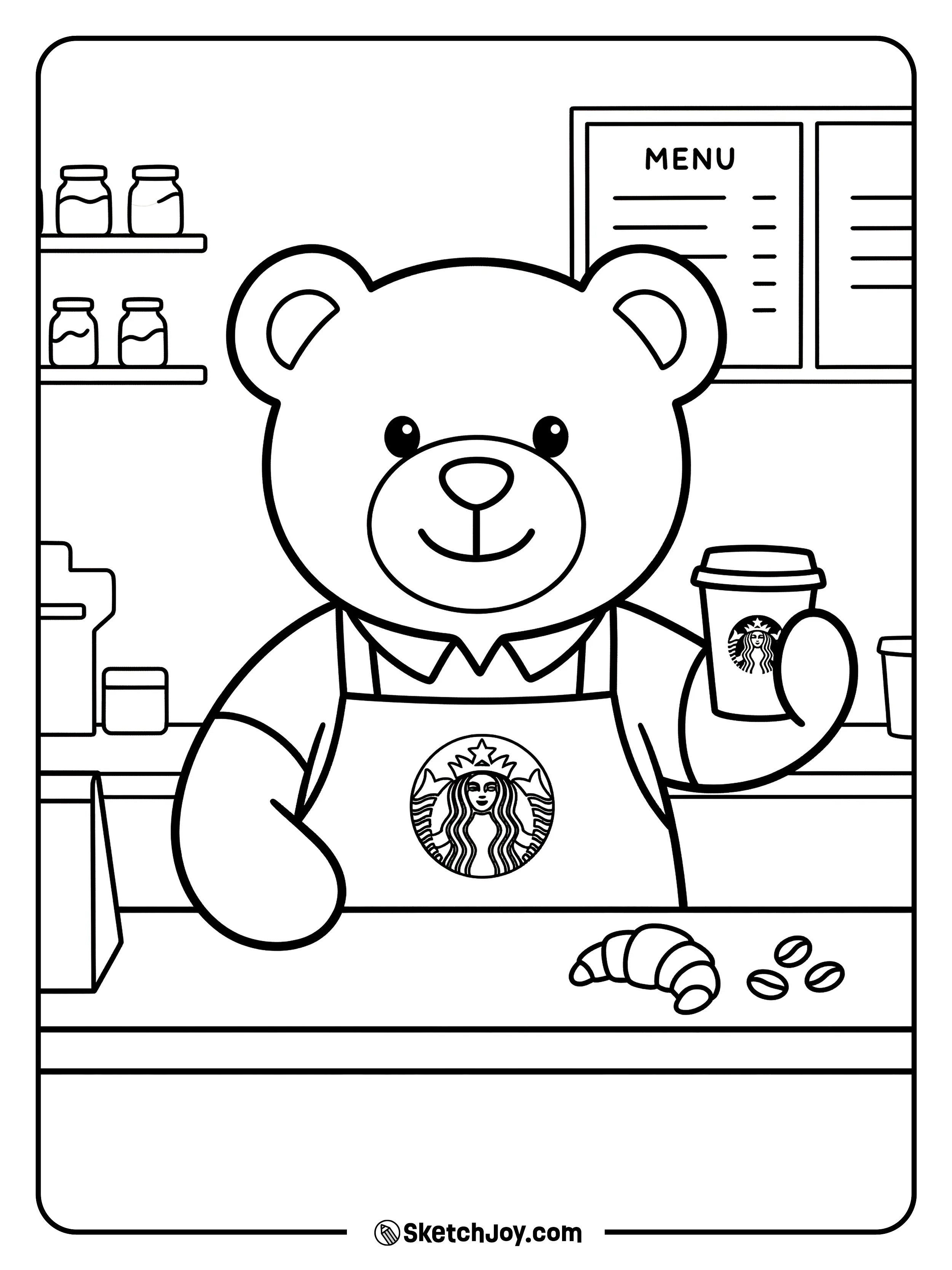 A cute teddy bear wearing a green apron and holding a tiny cup.