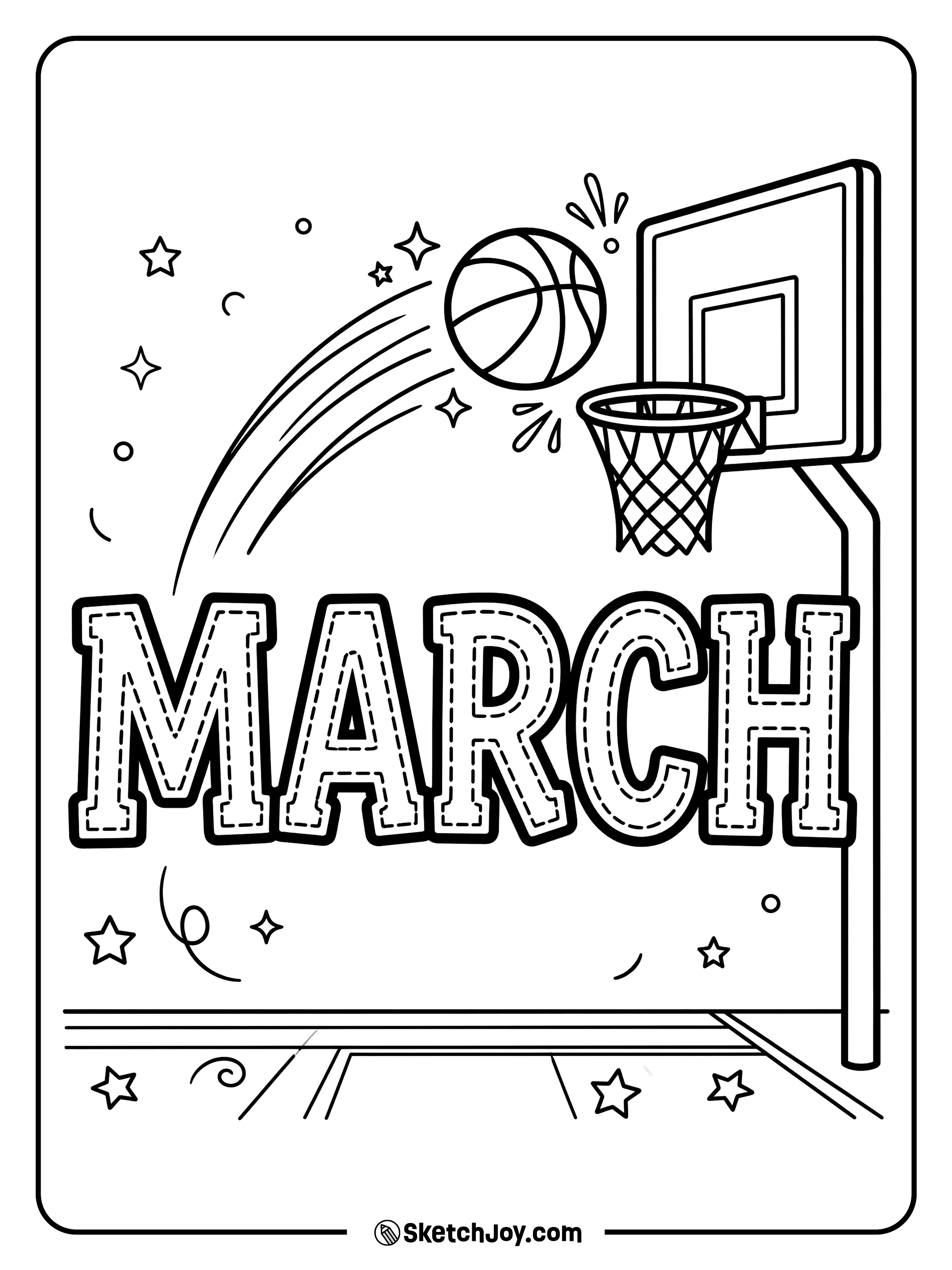 MARCH looks like stitched jersey letters with a basketball and hoop nearby.