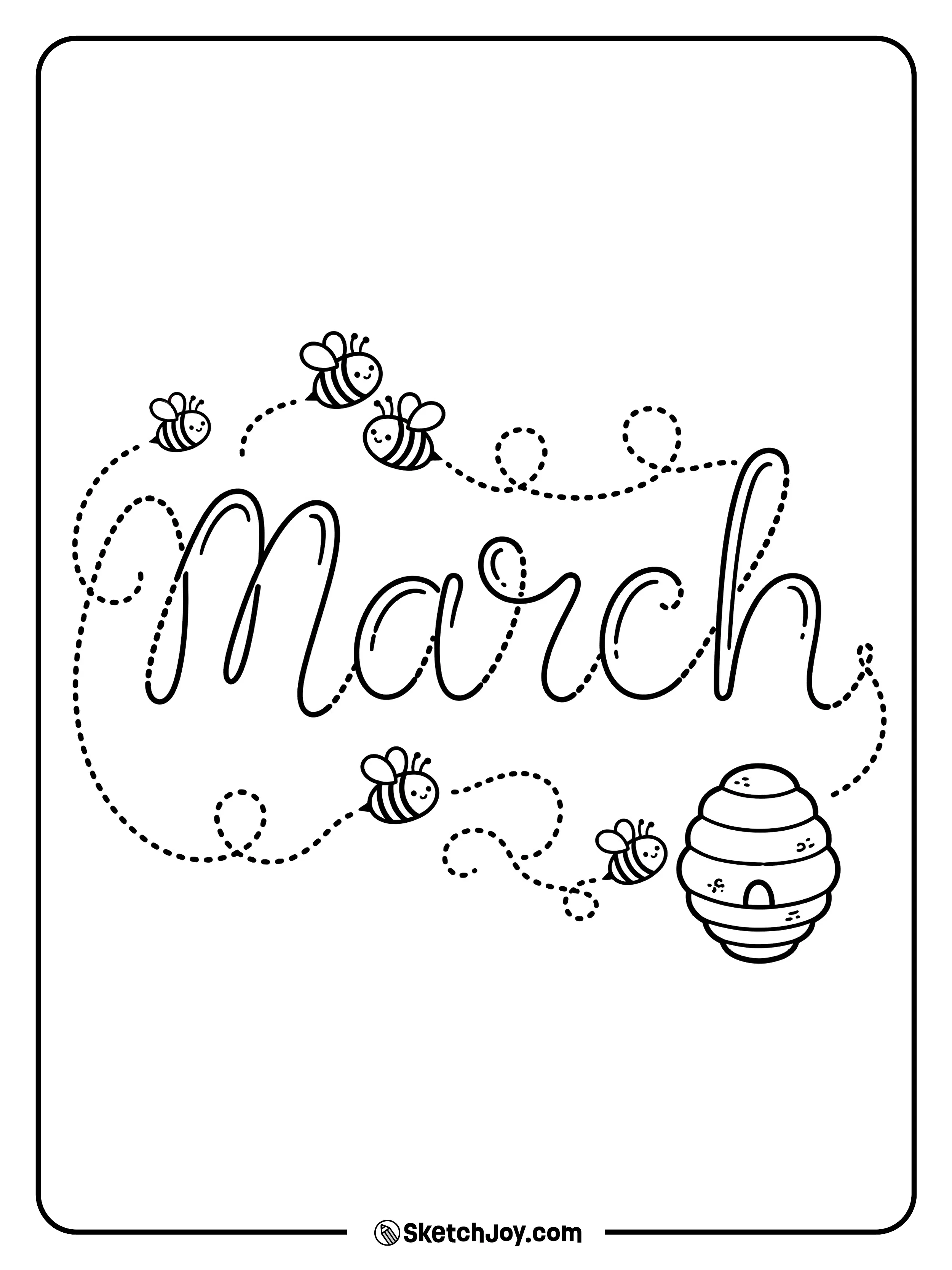 Bees fly in loops that form the word MARCH, with a small hive at the side.