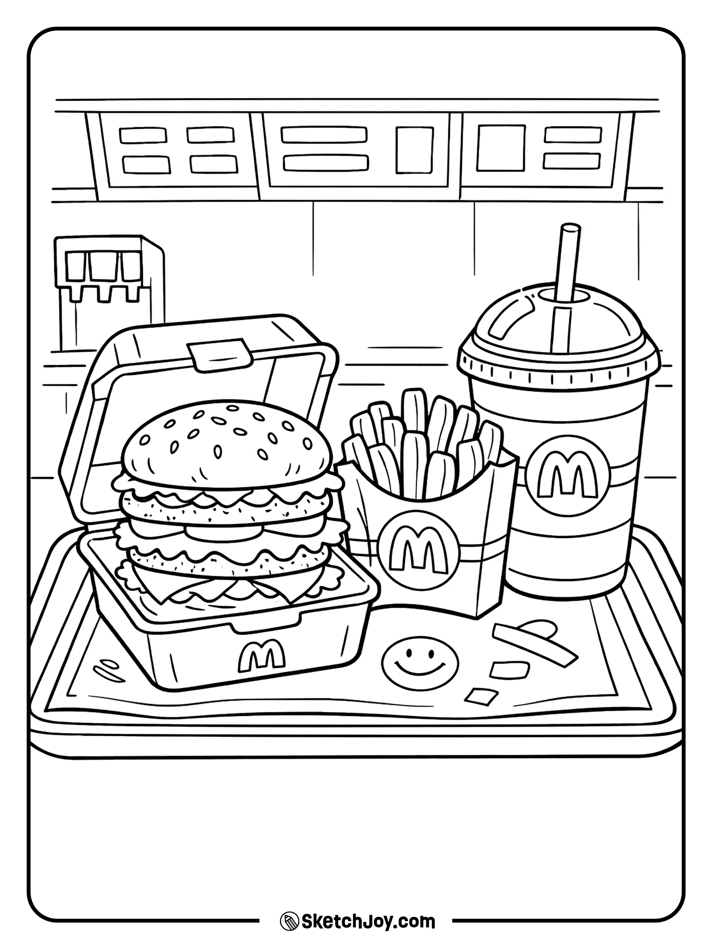 A famous fast food burger meal with a box, fries, and drink in a fun setup.