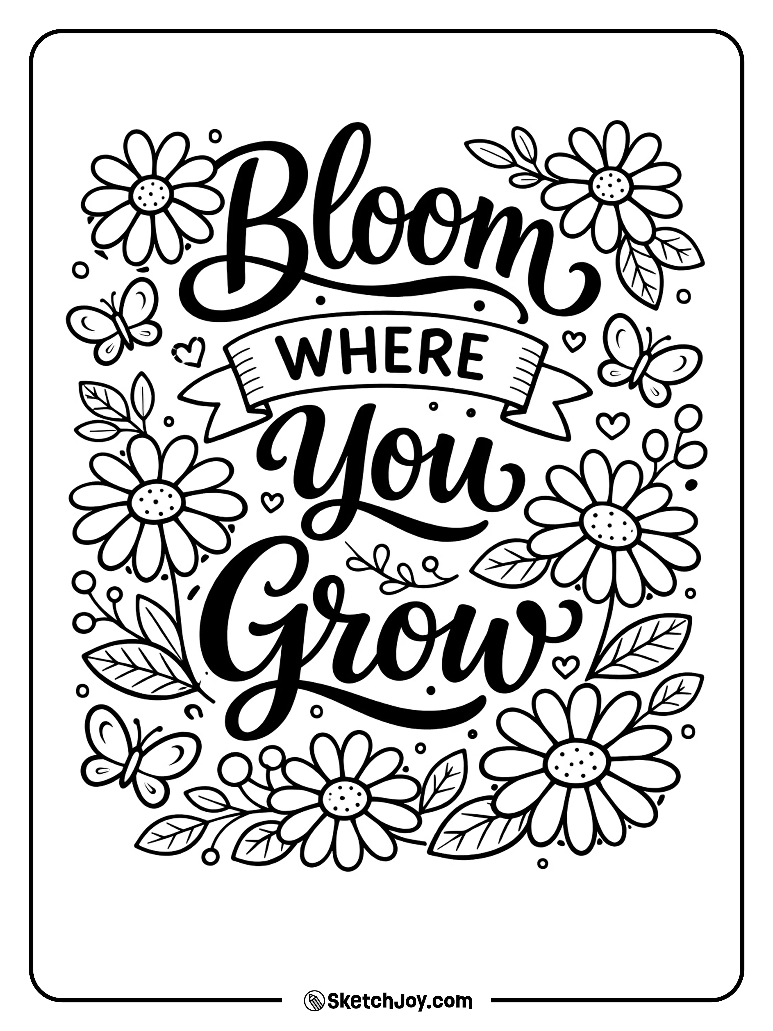 Friendly spring words sit among simple flowers and leaves.