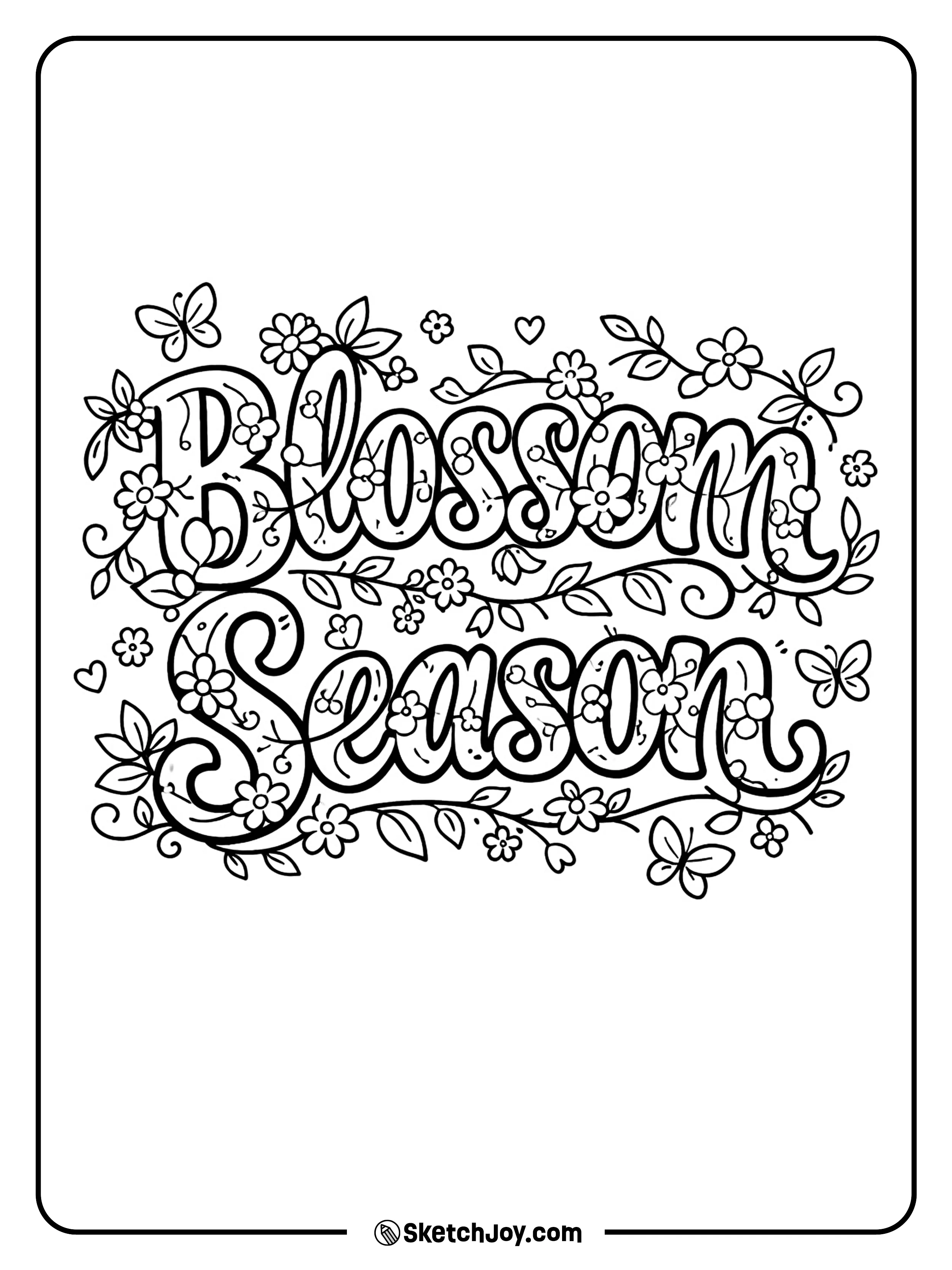 Big spring words fill with petals, vines, and butterflies.