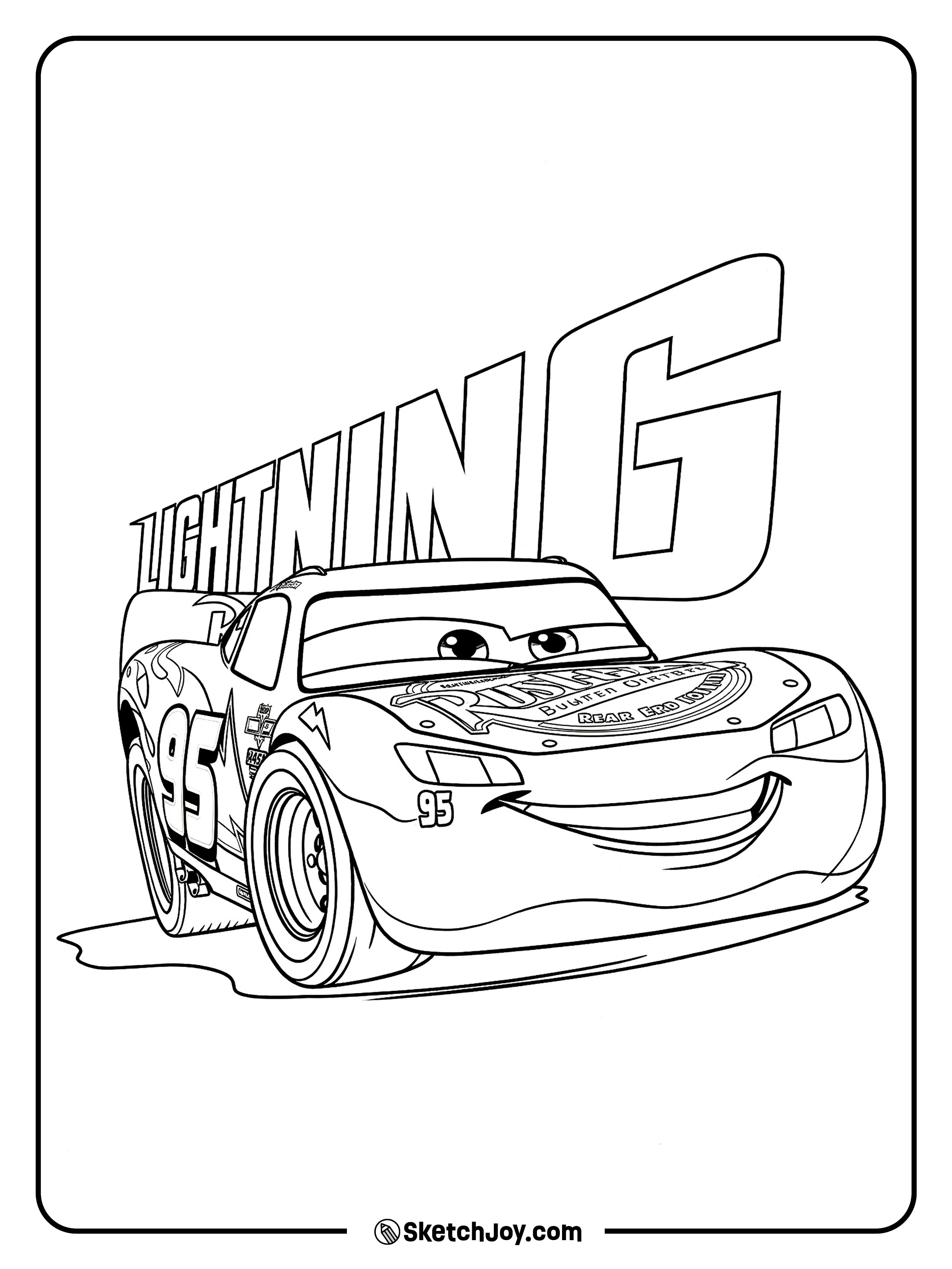 Lightning McQueen stands in front of his name in a strong and simple poster-style design.