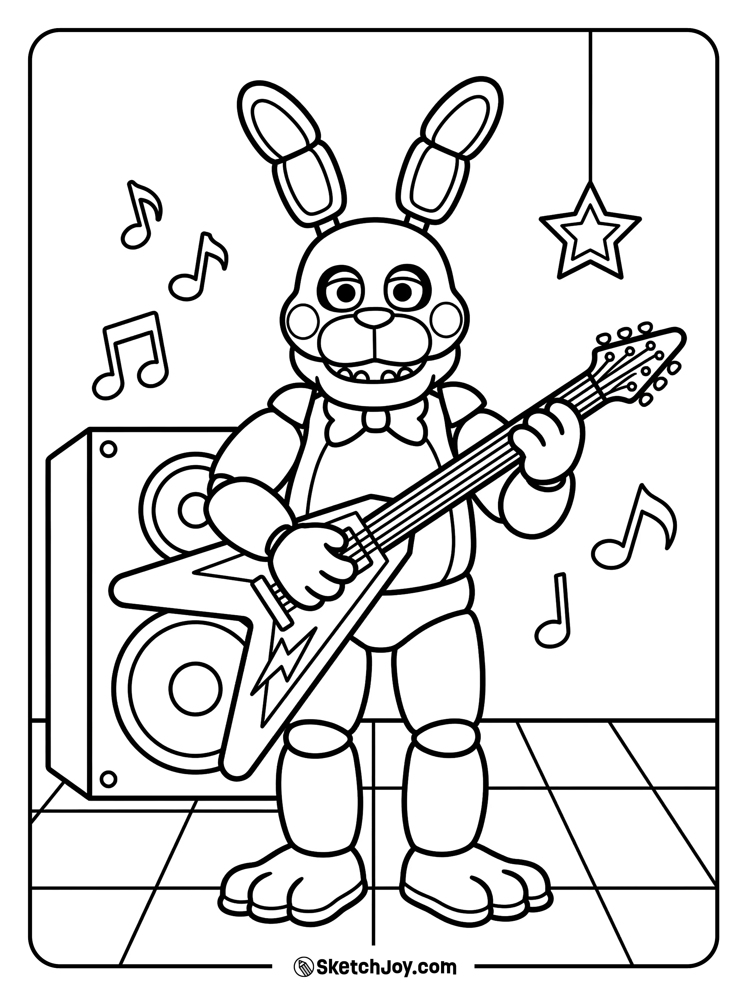 Bonnie stands next to a large speaker with music notes around him.