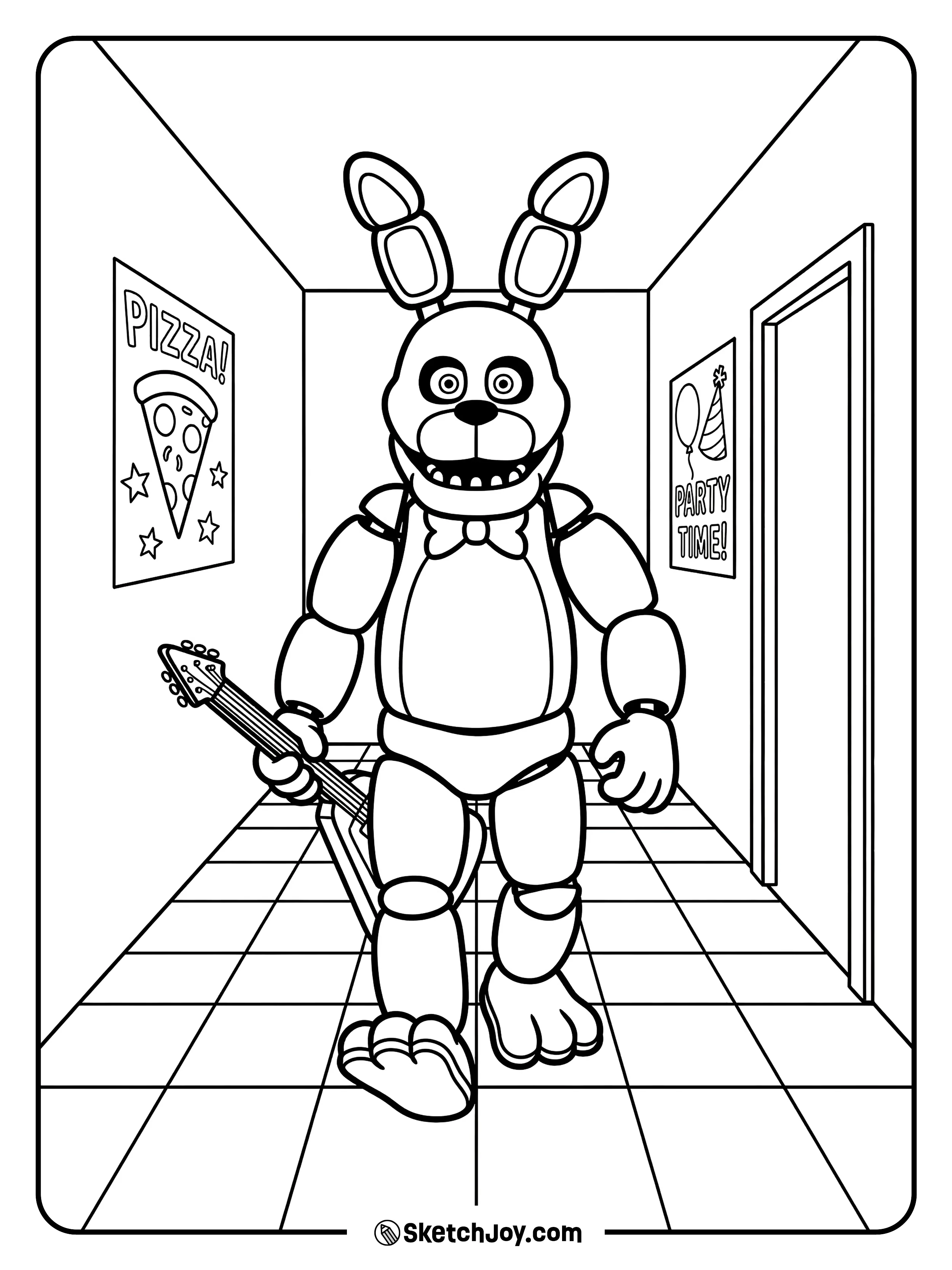Bonnie walks through a simple hallway with posters on the wall.