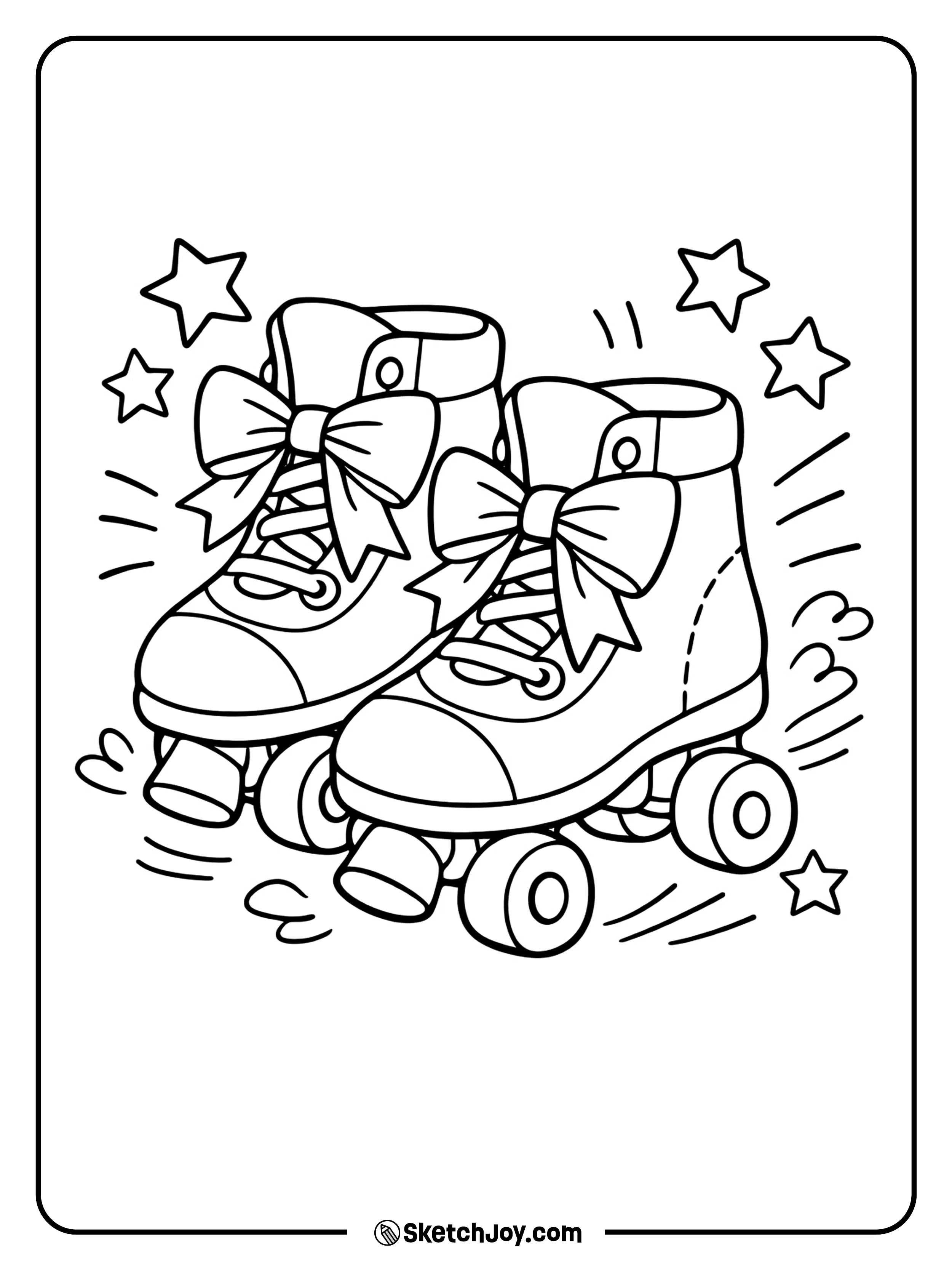 A lively pair of roller skates tied with cute bows.