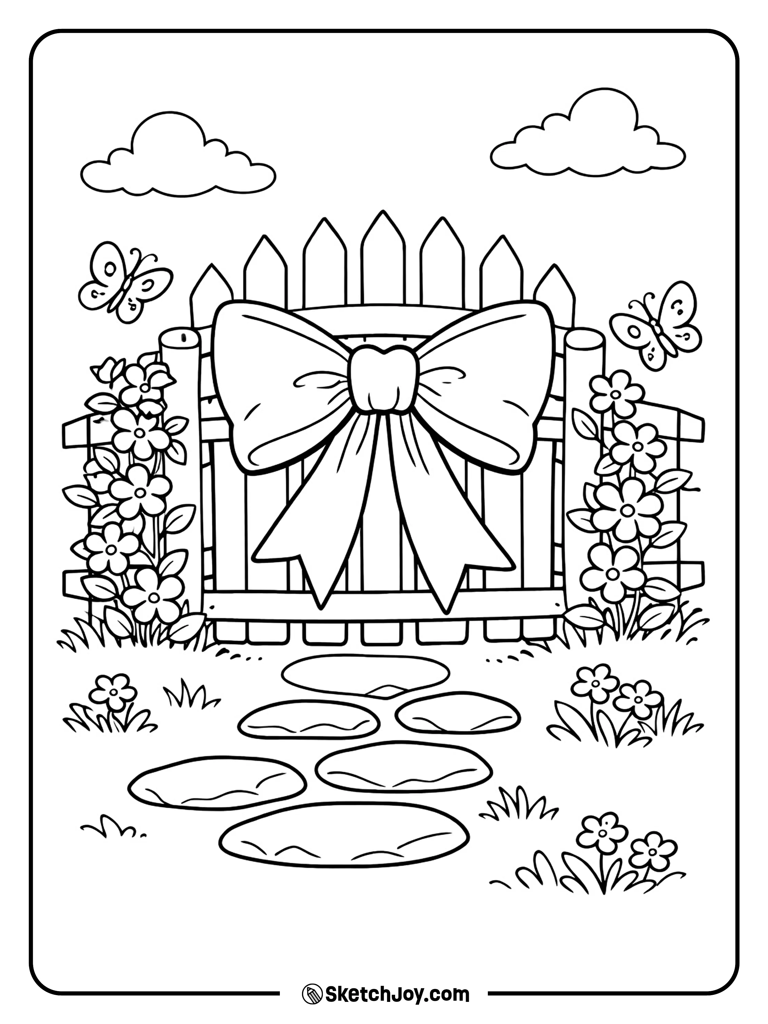 A pretty garden gate dressed up with a giant ribbon bow.