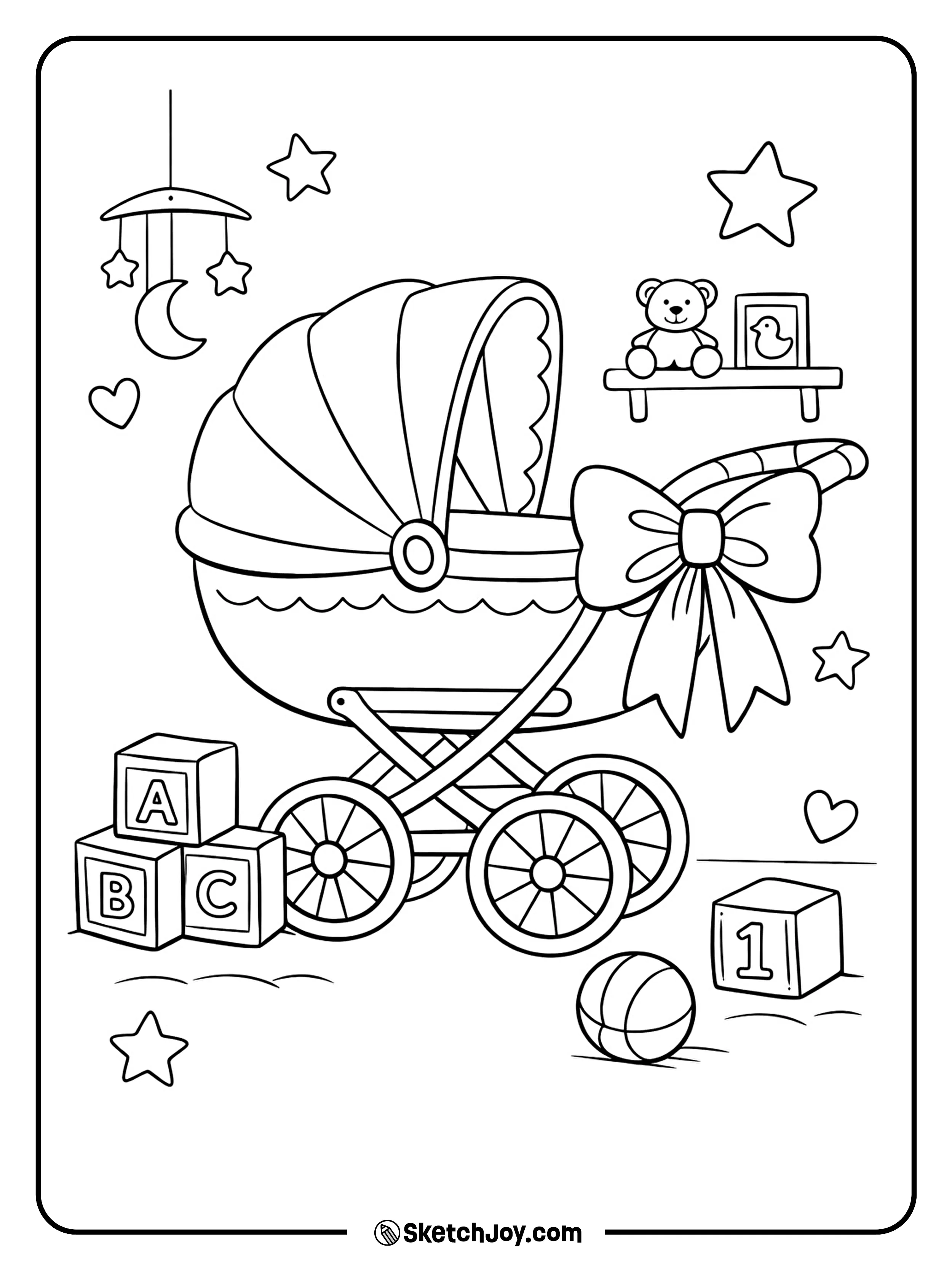 A sweet stroller with a ribbon bow and soft baby theme.