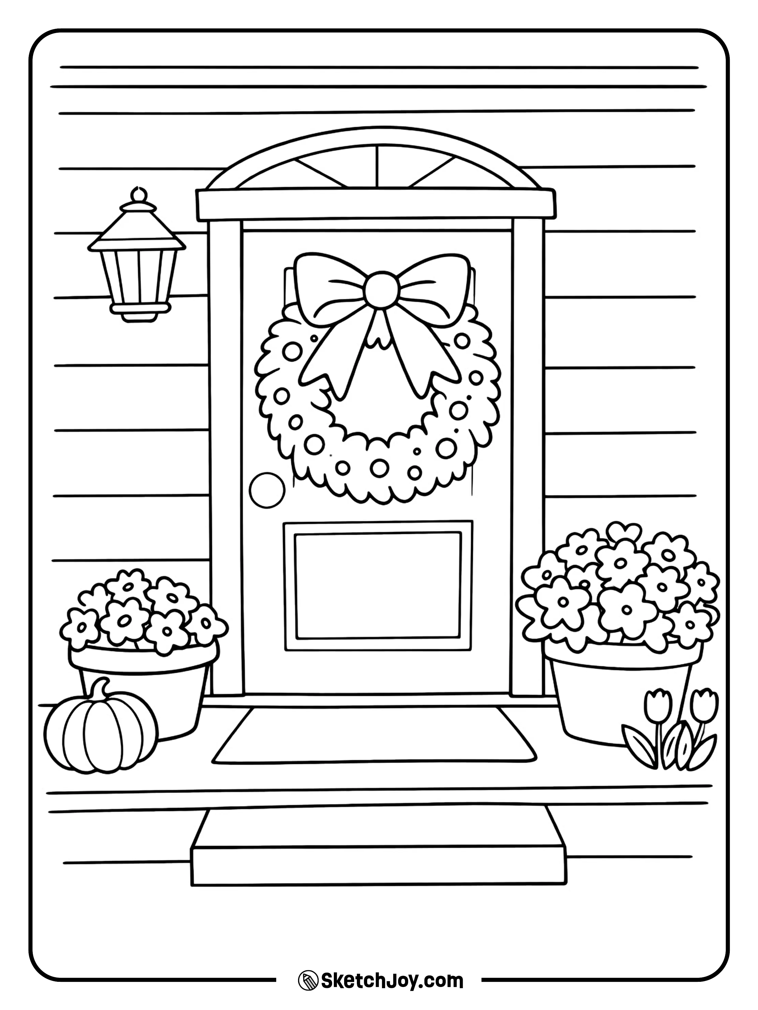 A front door wreath with a large ribbon bow and simple decor.