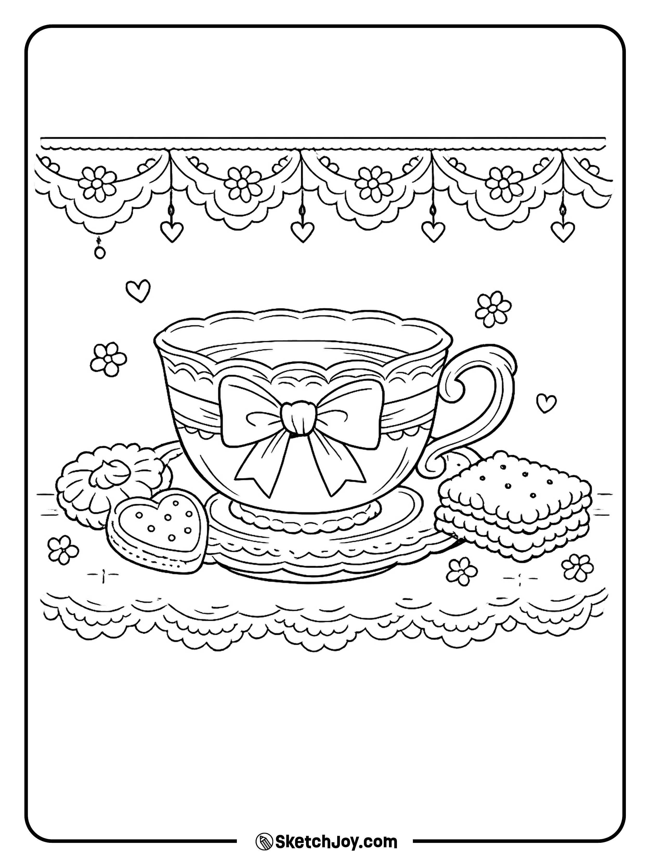 A teacup and saucer with a sweet bow detail.