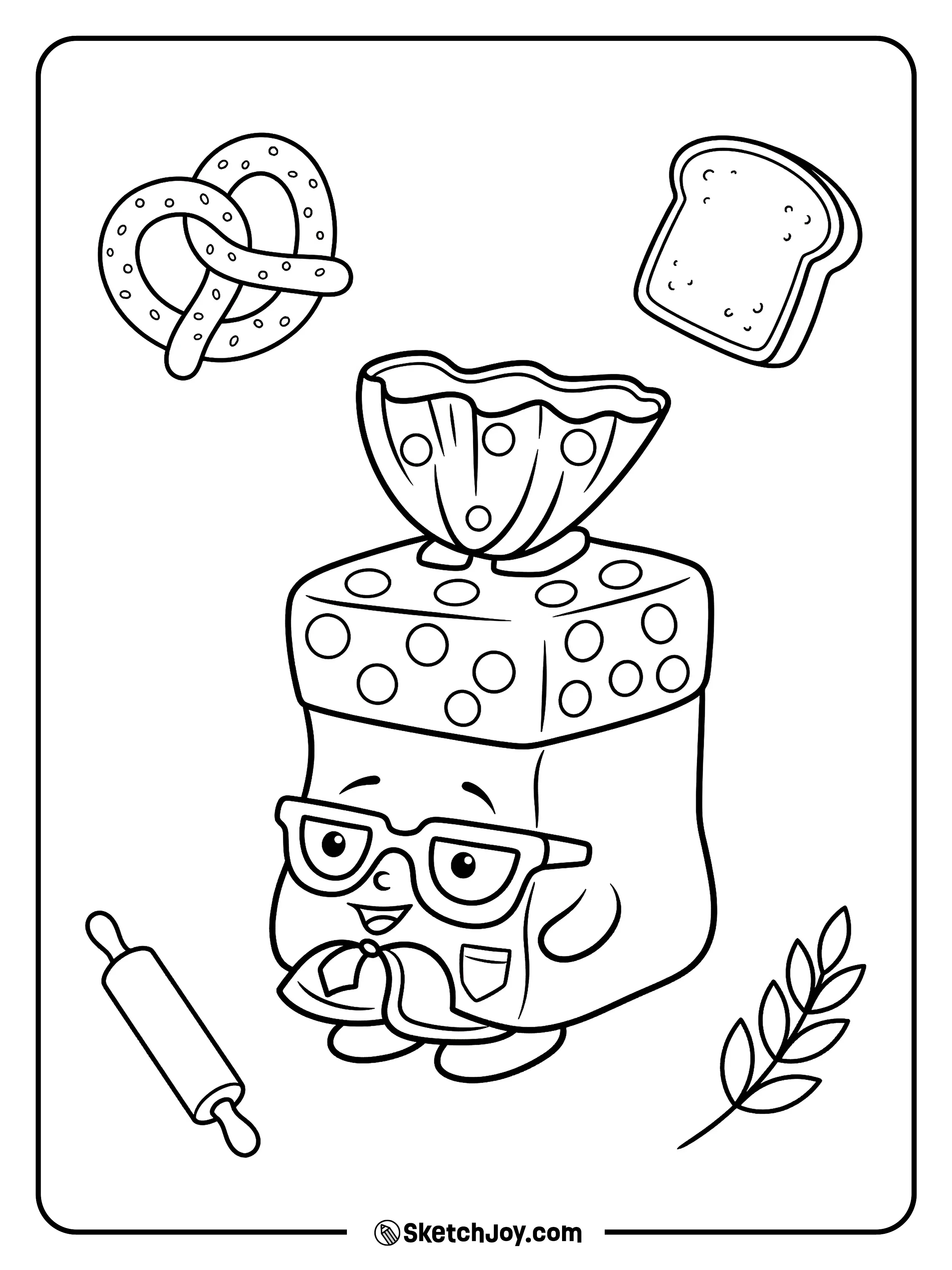 Bread Head stands with little bakery shapes floating around him.