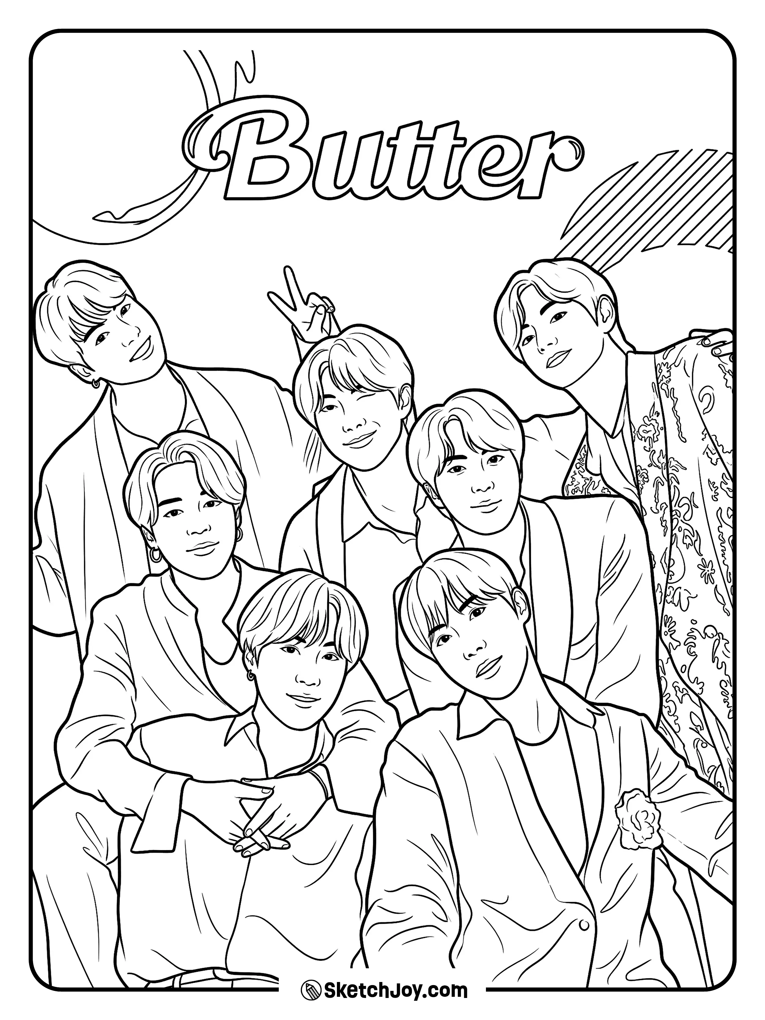 A stylish BTS group poster with soft looks and a fun Butter vibe.