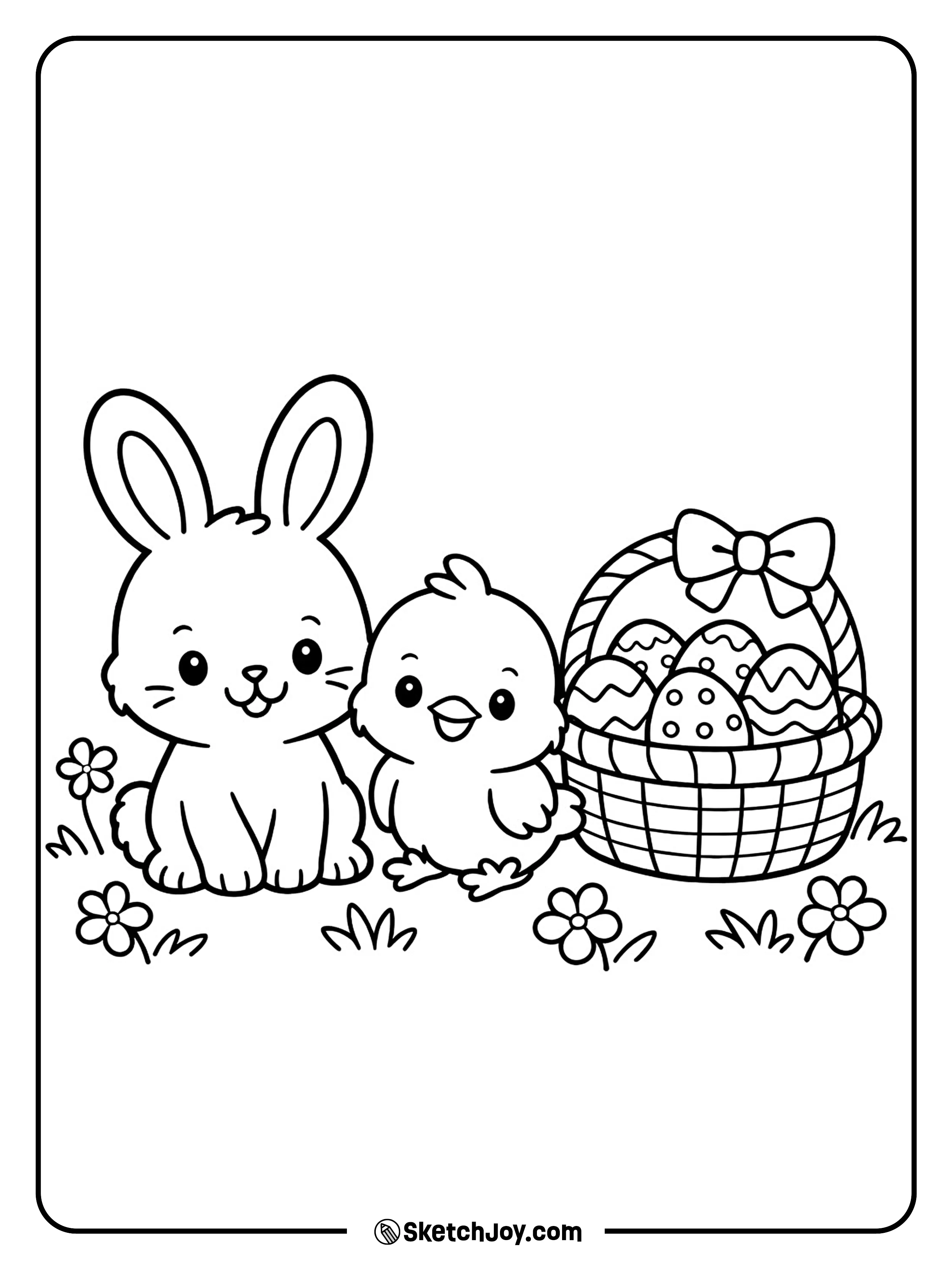A bunny and chick sit together beside a basket.