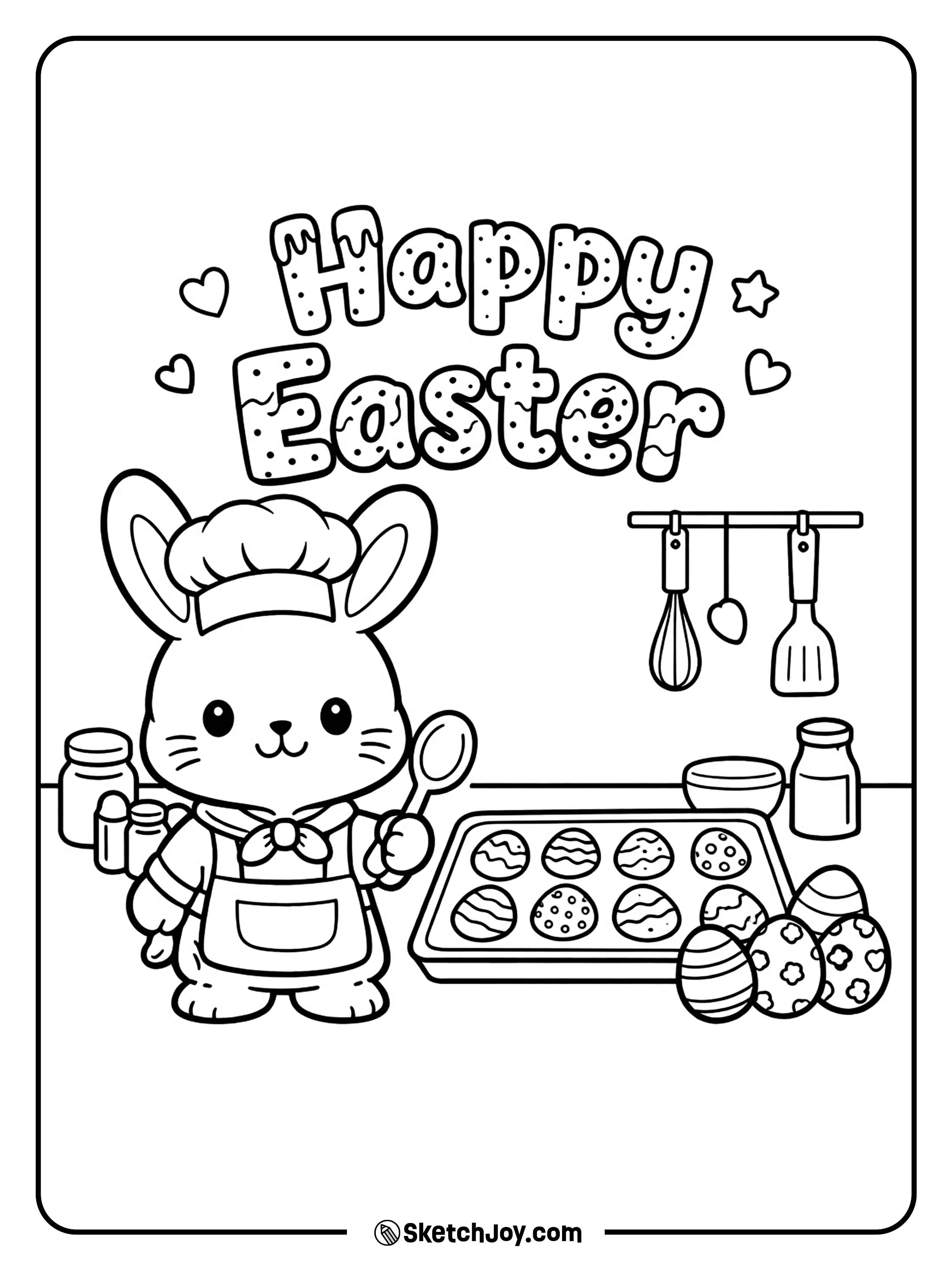 A bunny chef bakes sweet treats and decorates eggs.