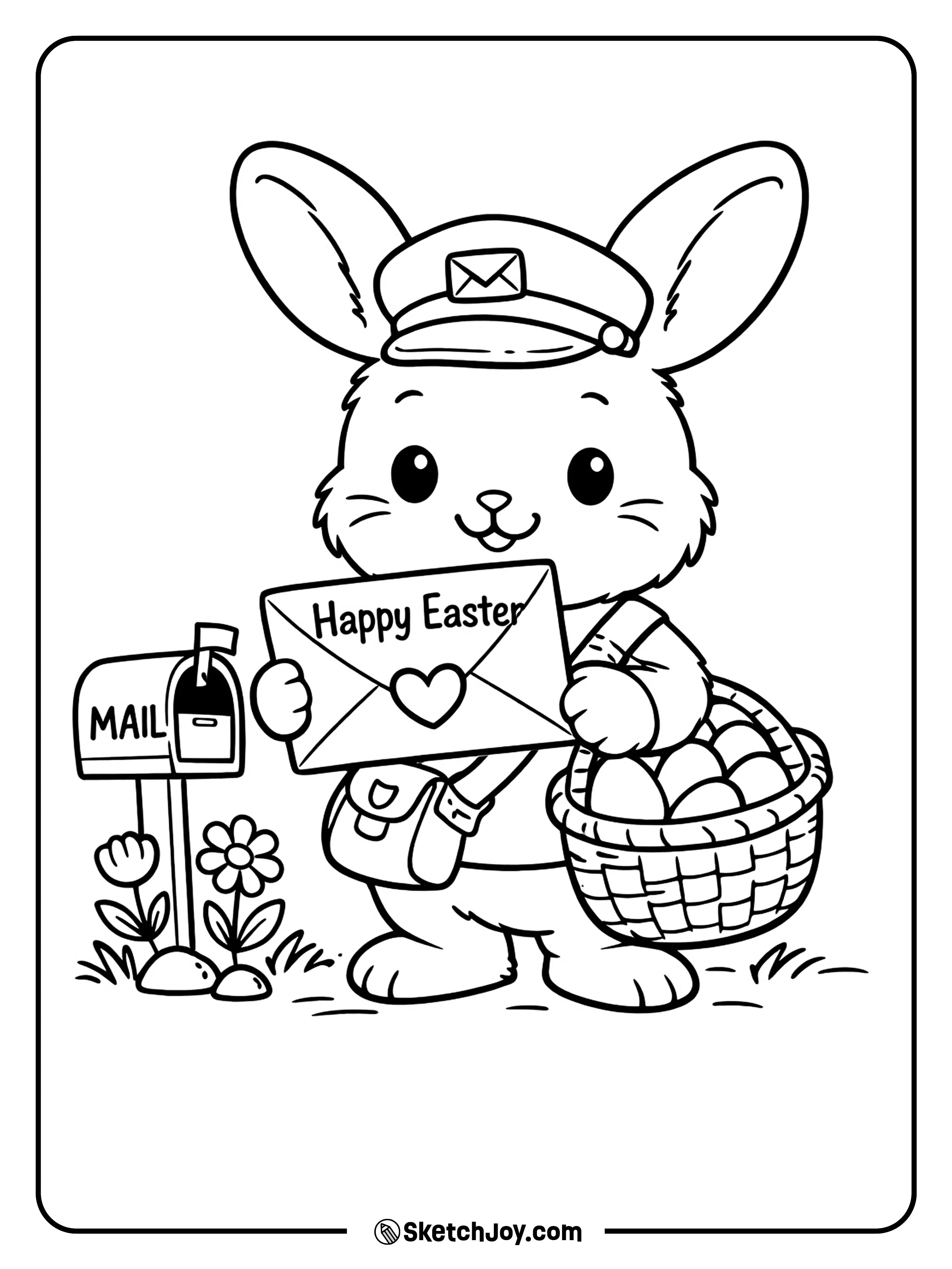 A bunny carries an Easter letter and an egg basket.