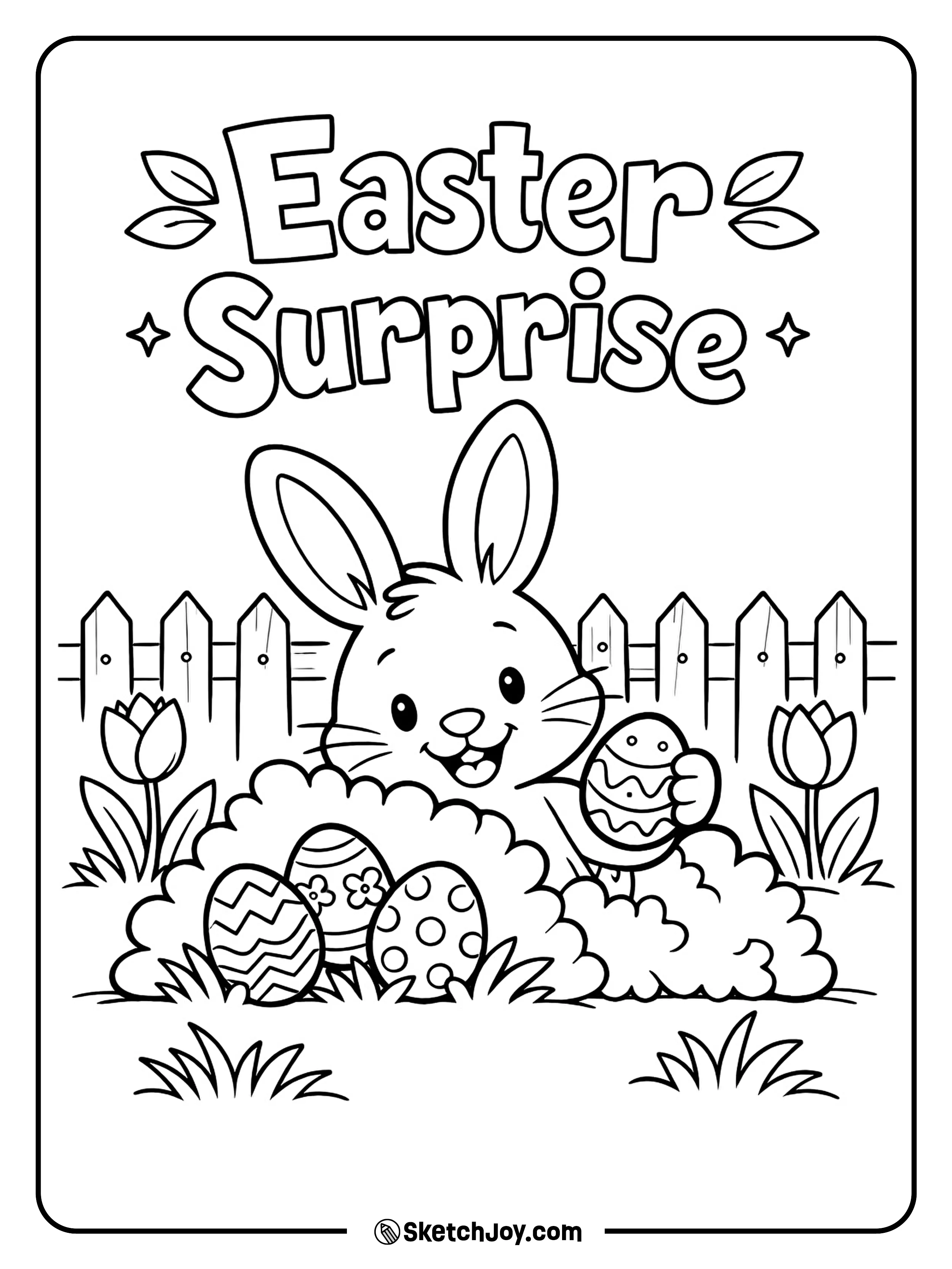 A bunny sneaks eggs into a garden with a smile.