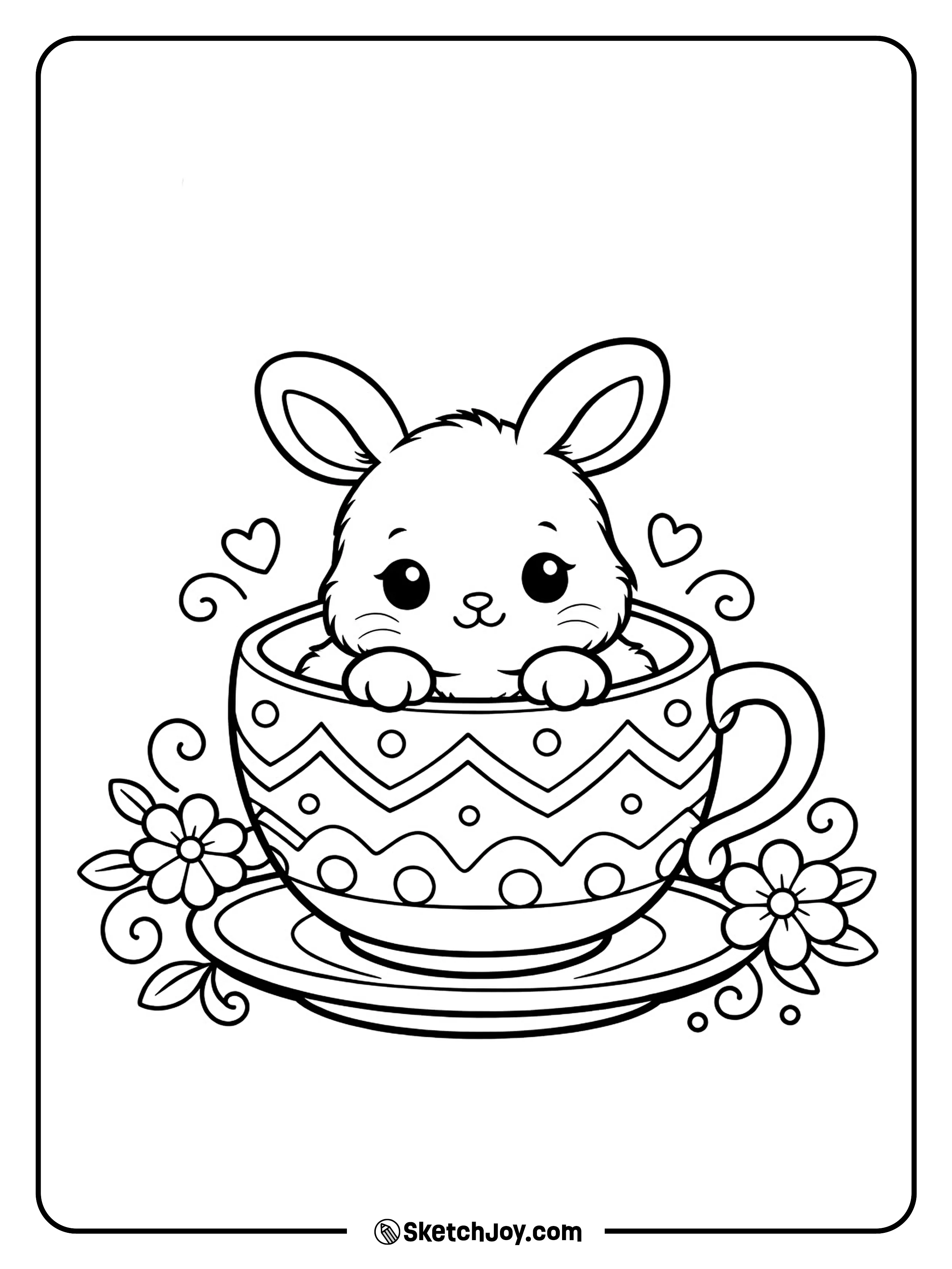 A tiny bunny sits inside a fancy egg-shaped cup.