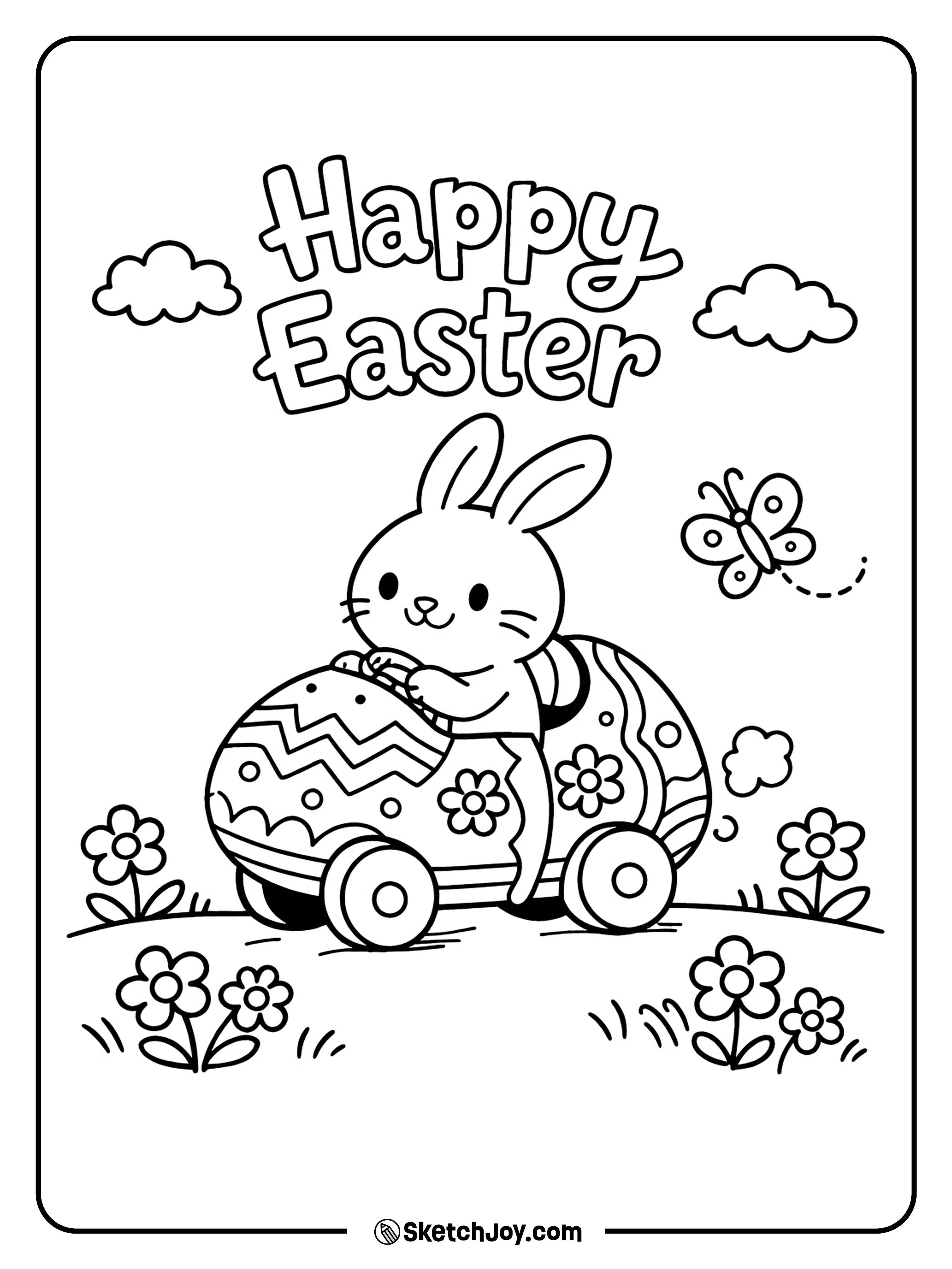 A bunny rides a funny little car shaped like an egg.