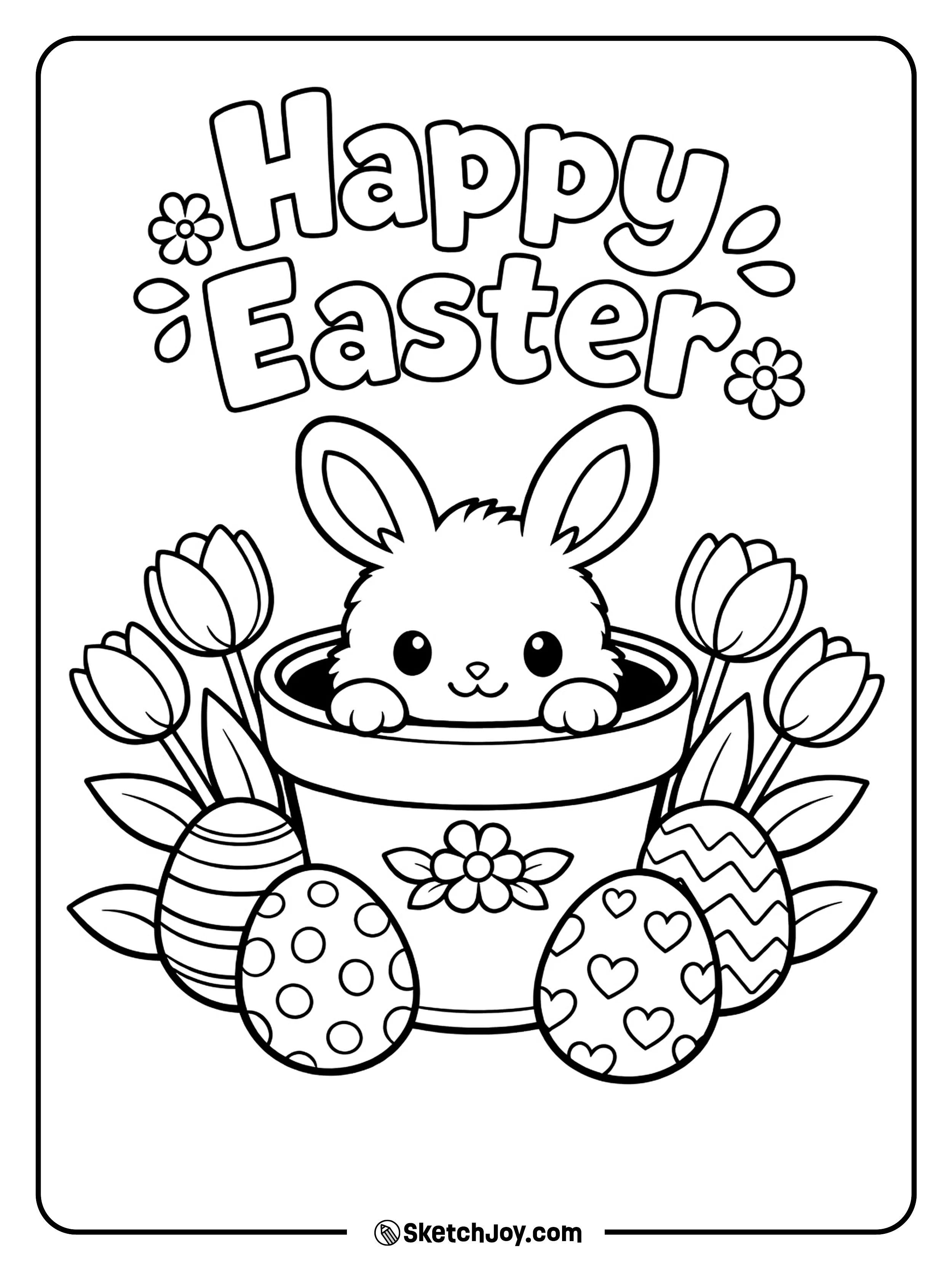 A tiny bunny peeks out from a flower pot with eggs.