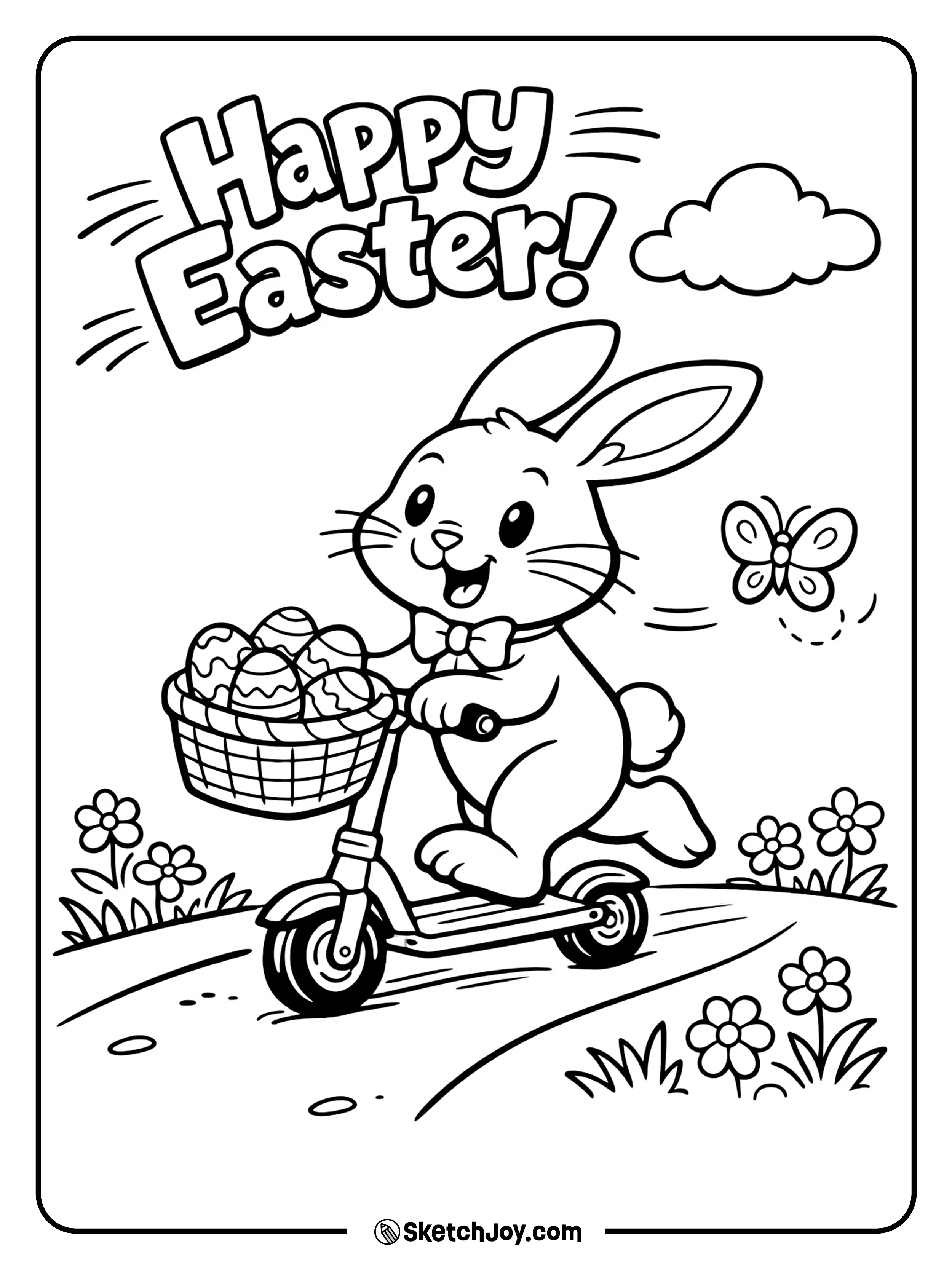A bunny rides a scooter and carries Easter eggs.