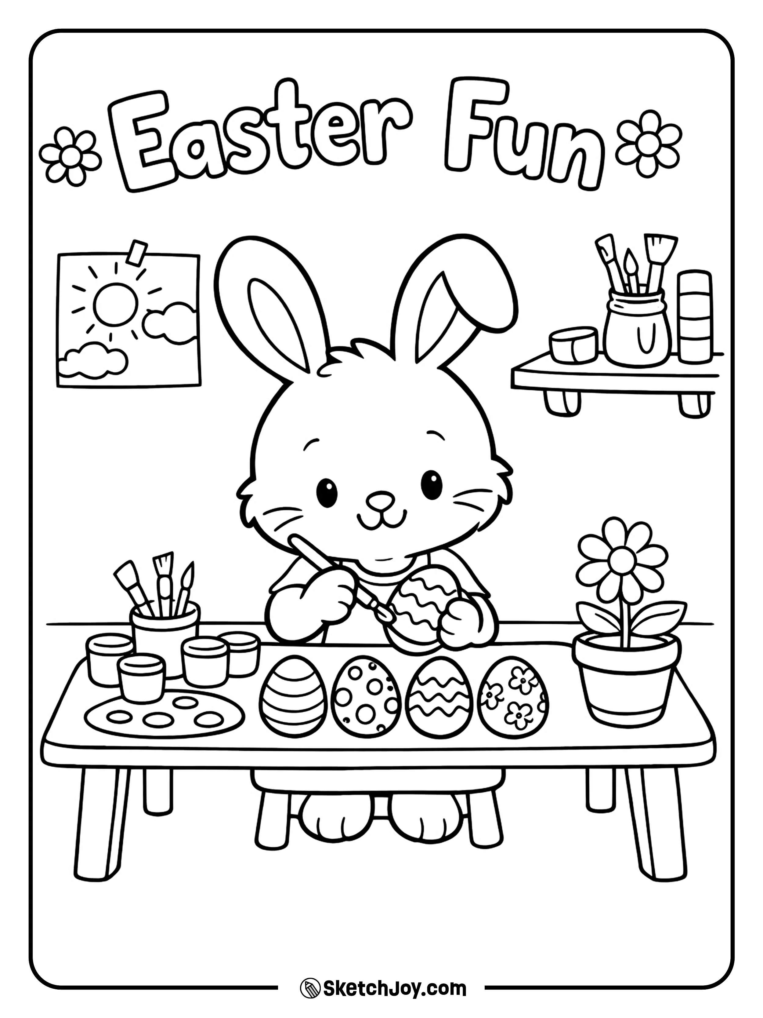 A cheerful bunny paints eggs at a little table.