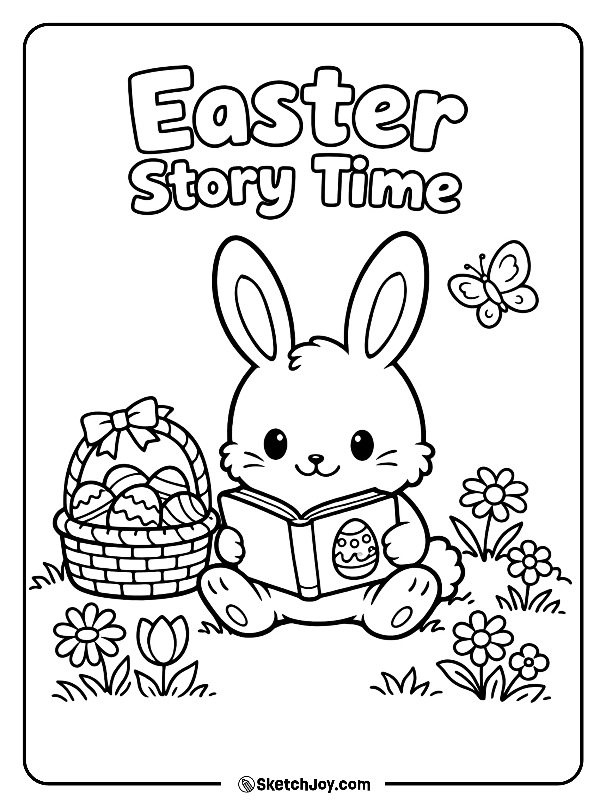 A bunny reads a book beside eggs and flowers.